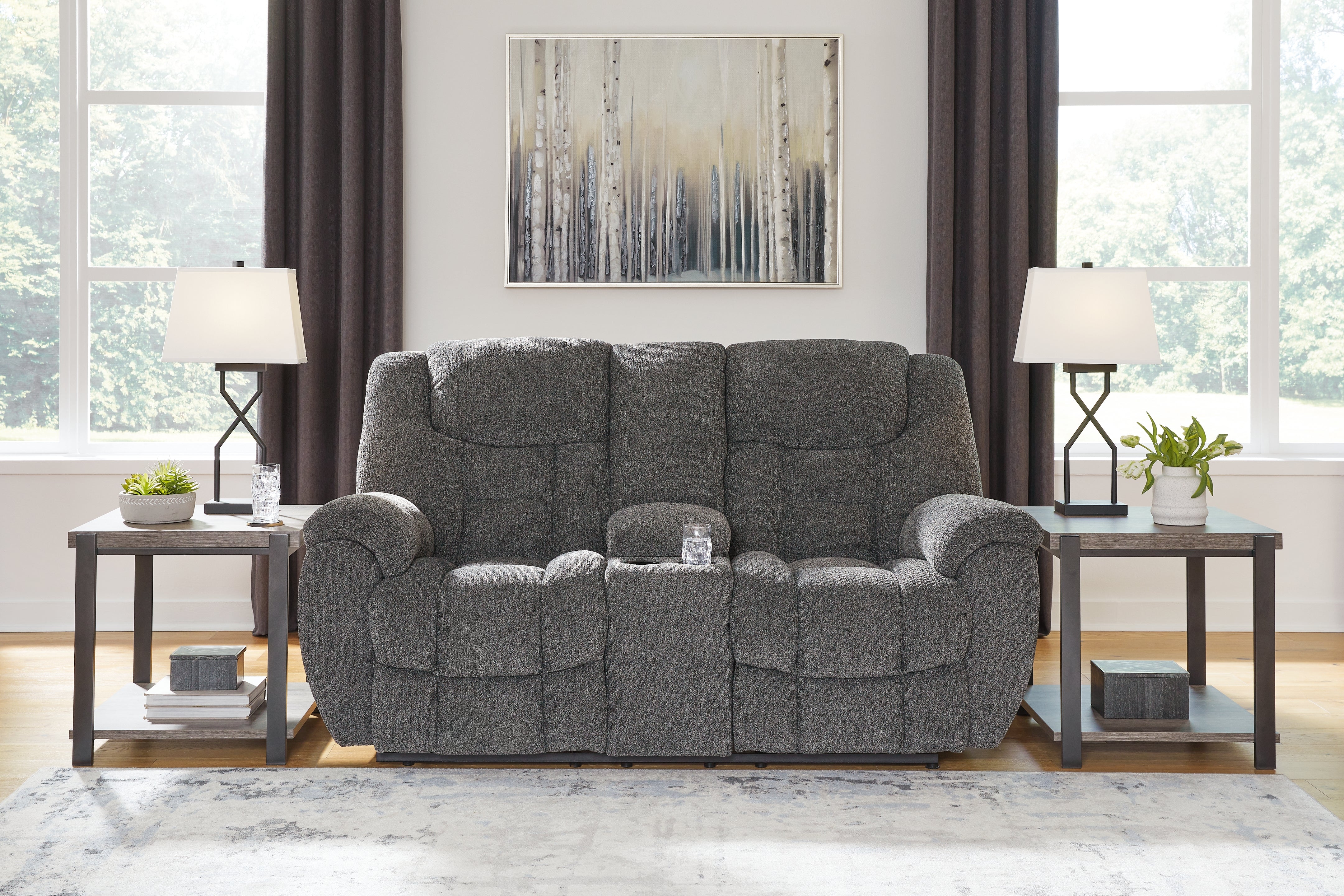Warmstead Furniture - Ashley Furniture - Foreside Living Room - DBL Rec Loveseat w/Console / Charcoal - 3810494
