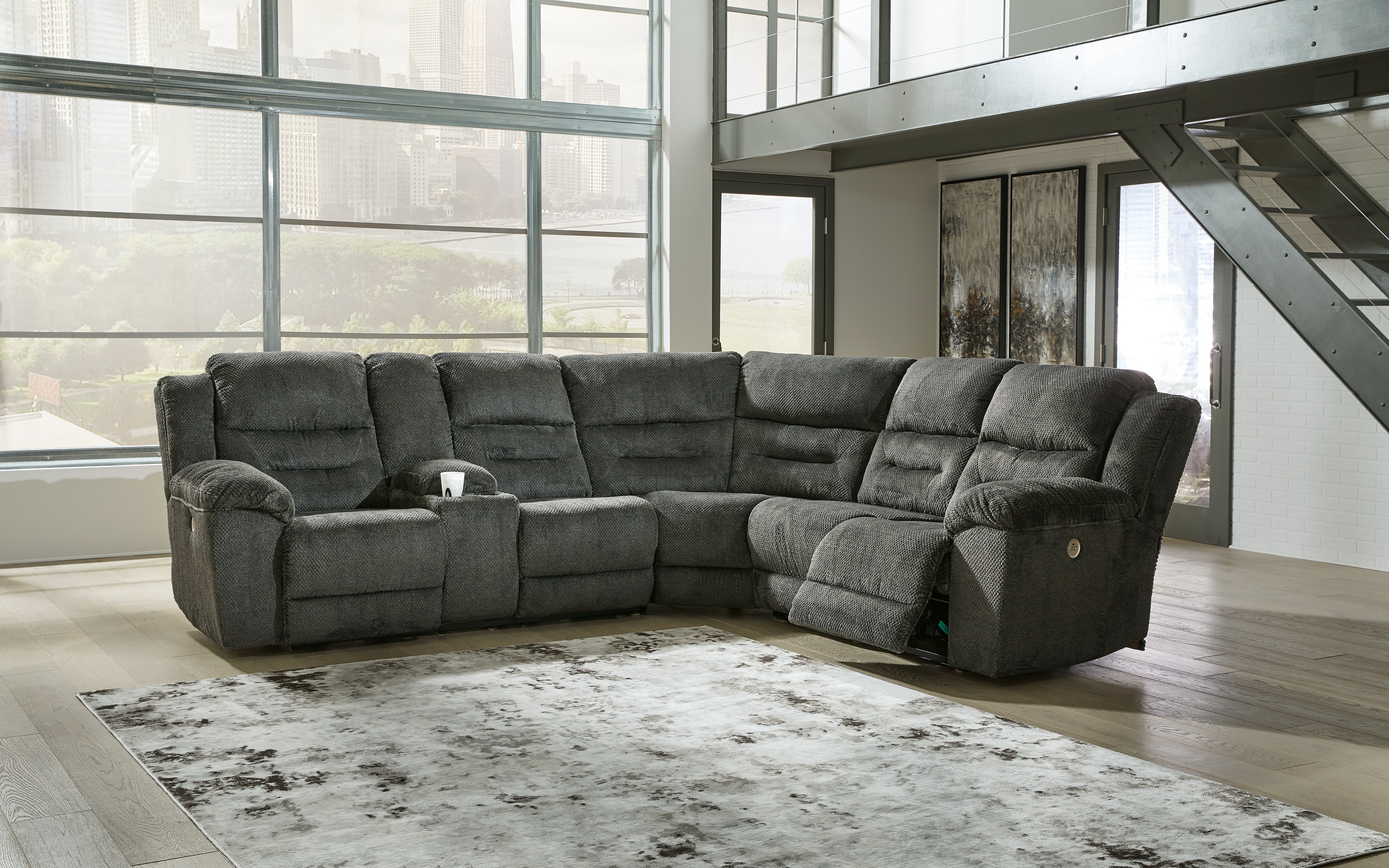 Warmstead Furniture - Ashley Furniture - Nettington Sectional - 3-Piece Power Reclining Sectional / Smoke - 44101S1