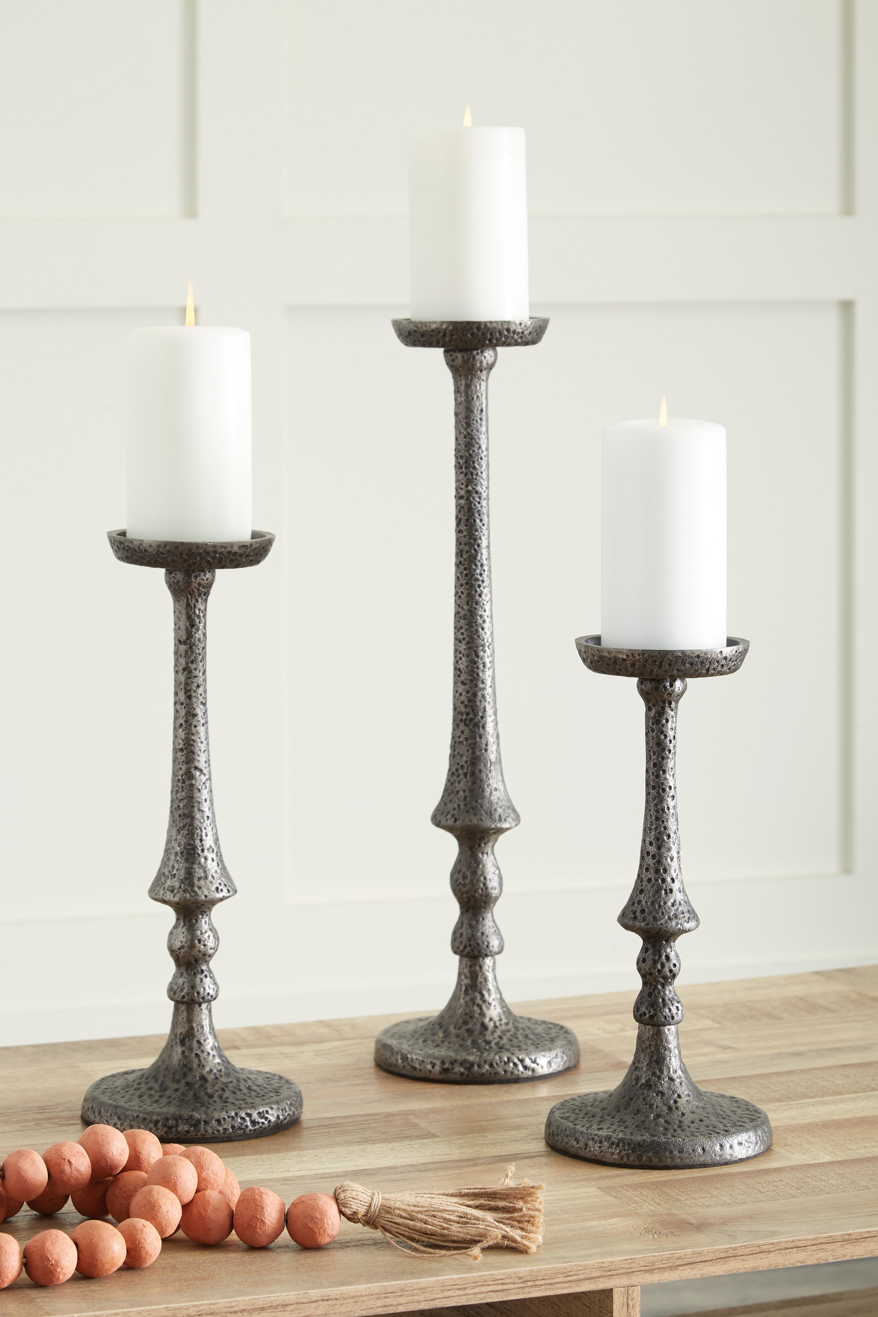 Warmstead Furniture - Ashley Furniture - Eravell Candle Holder - Candle Holder Set (3/CN) / Pewter Finish - A2000584