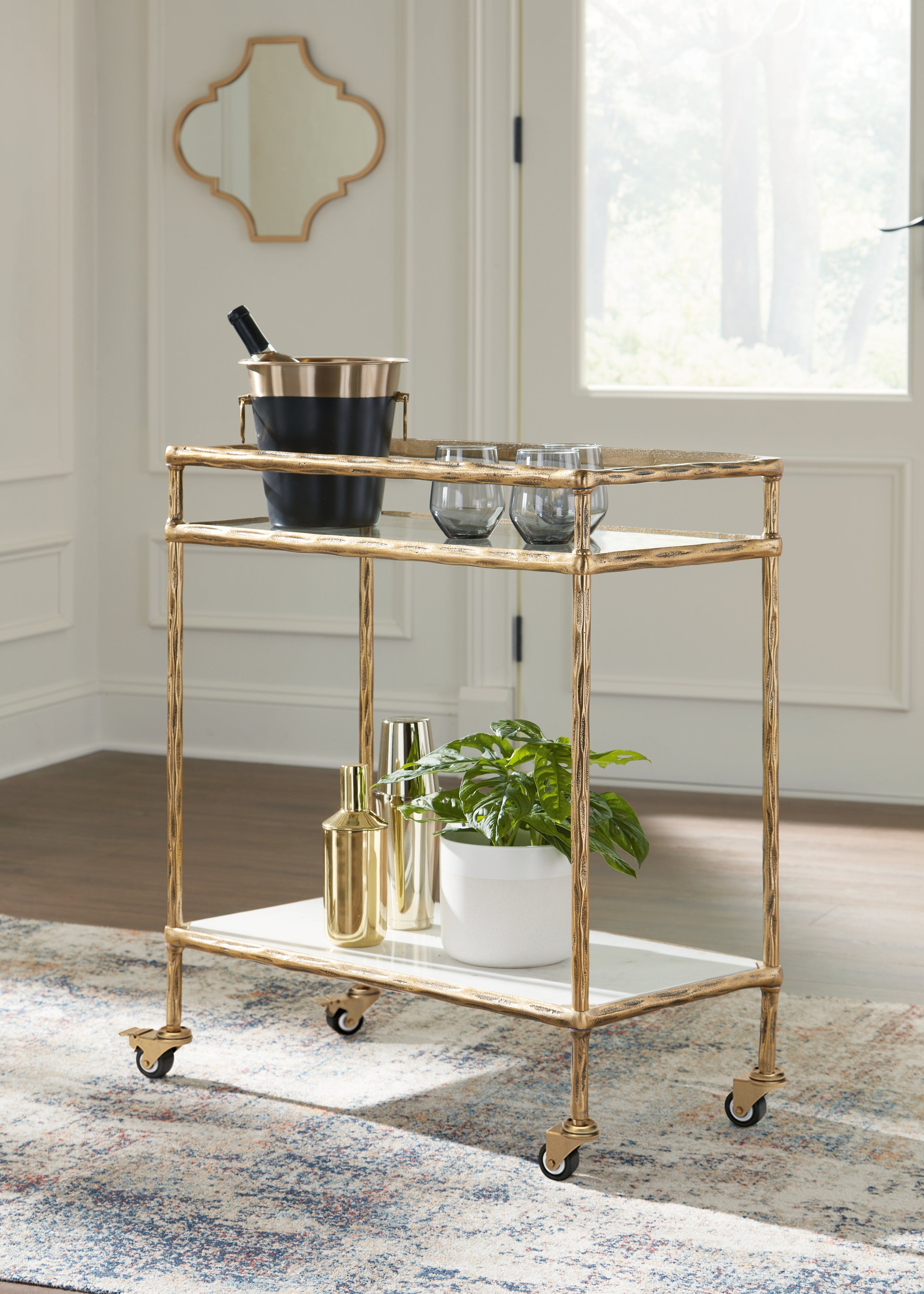 Warmstead Furniture - Ashley Furniture - Plattfield Bar Cart - Bar Cart / Antique Gold Finish - A4000625