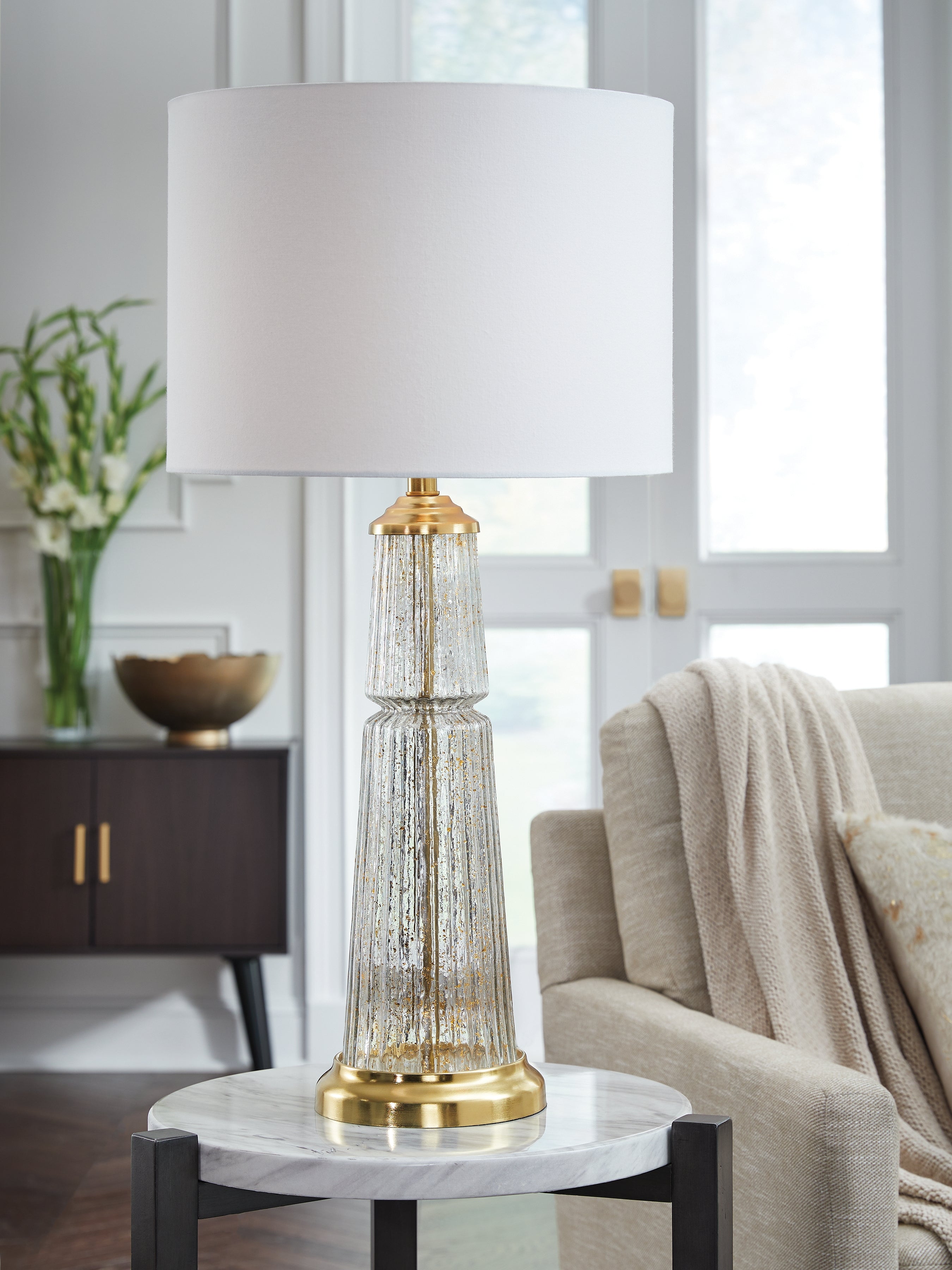 Warmstead Furniture - Ashley Furniture - Bakersboro Lighting - Glass Table Lamp (1/CN) / Clear/Gold Finish - L430884