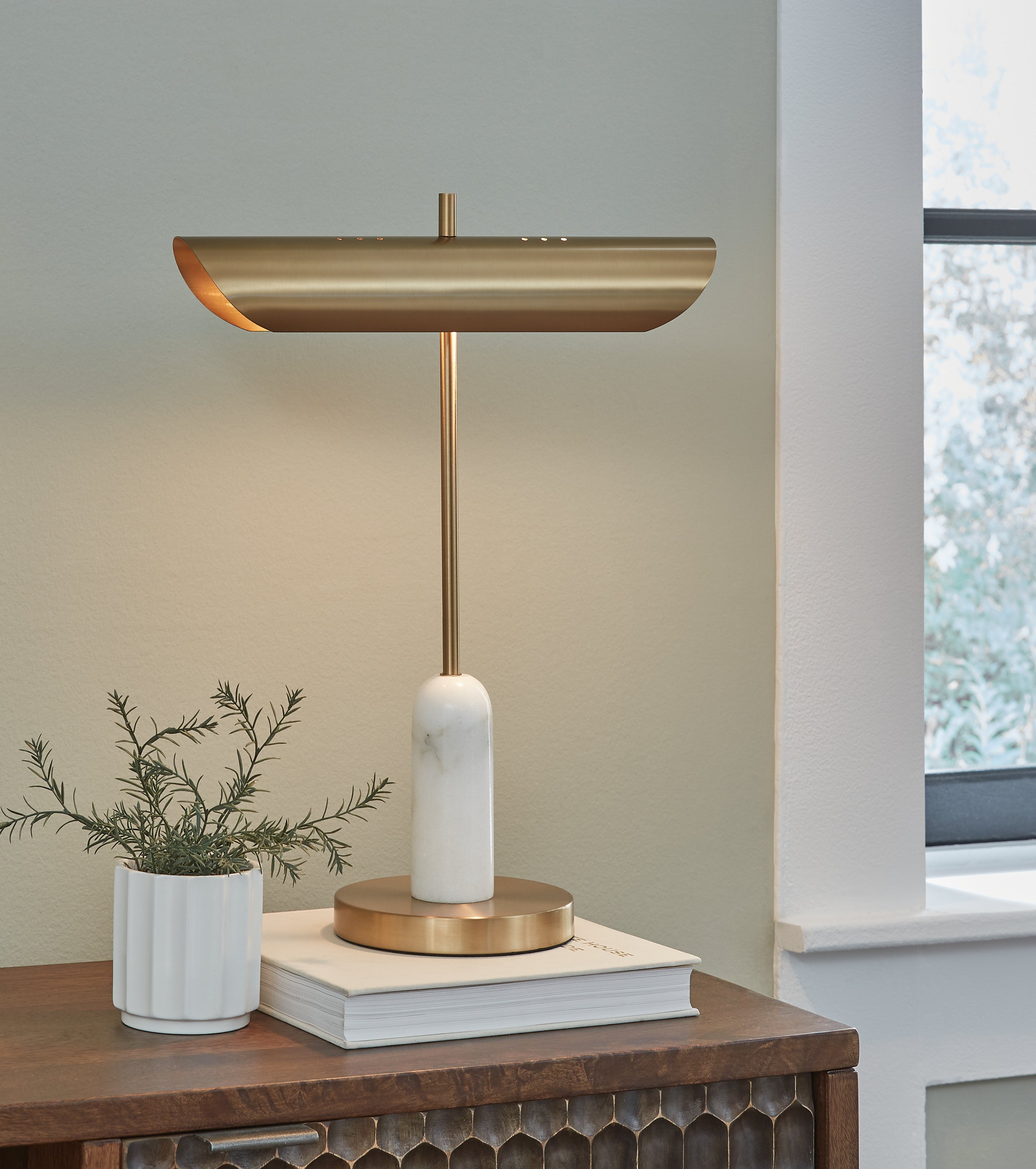 Warmstead Furniture - Ashley Furniture - Rowleigh Lighting - Marble Desk Lamp (1/CN) / Gold Finish/White - L734392