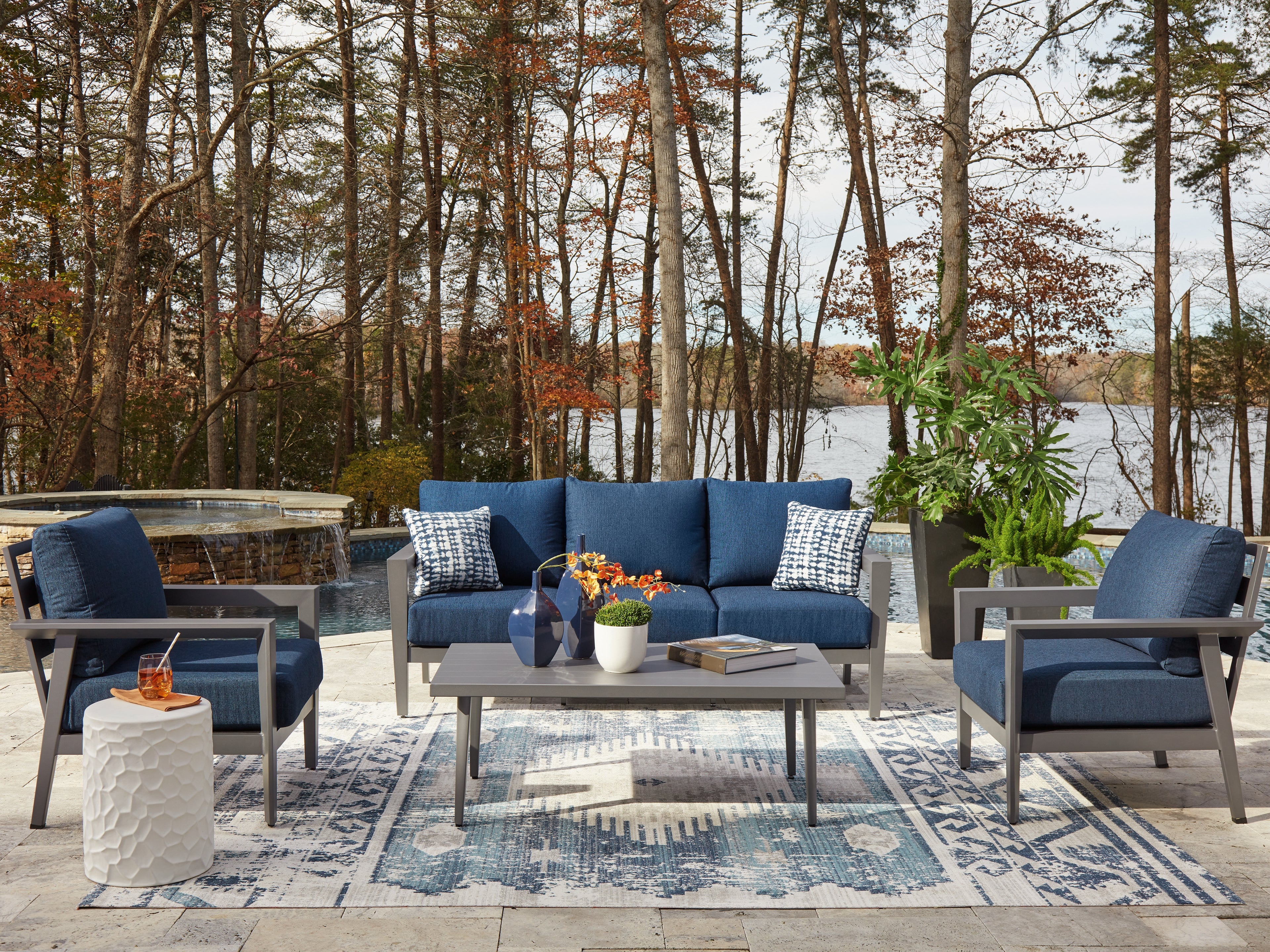 Warmstead Furniture - Ashley Furniture - Gali Outdoor - Sofa/Chairs/Table Set (4/CN) / Gray/Blue - P275-081