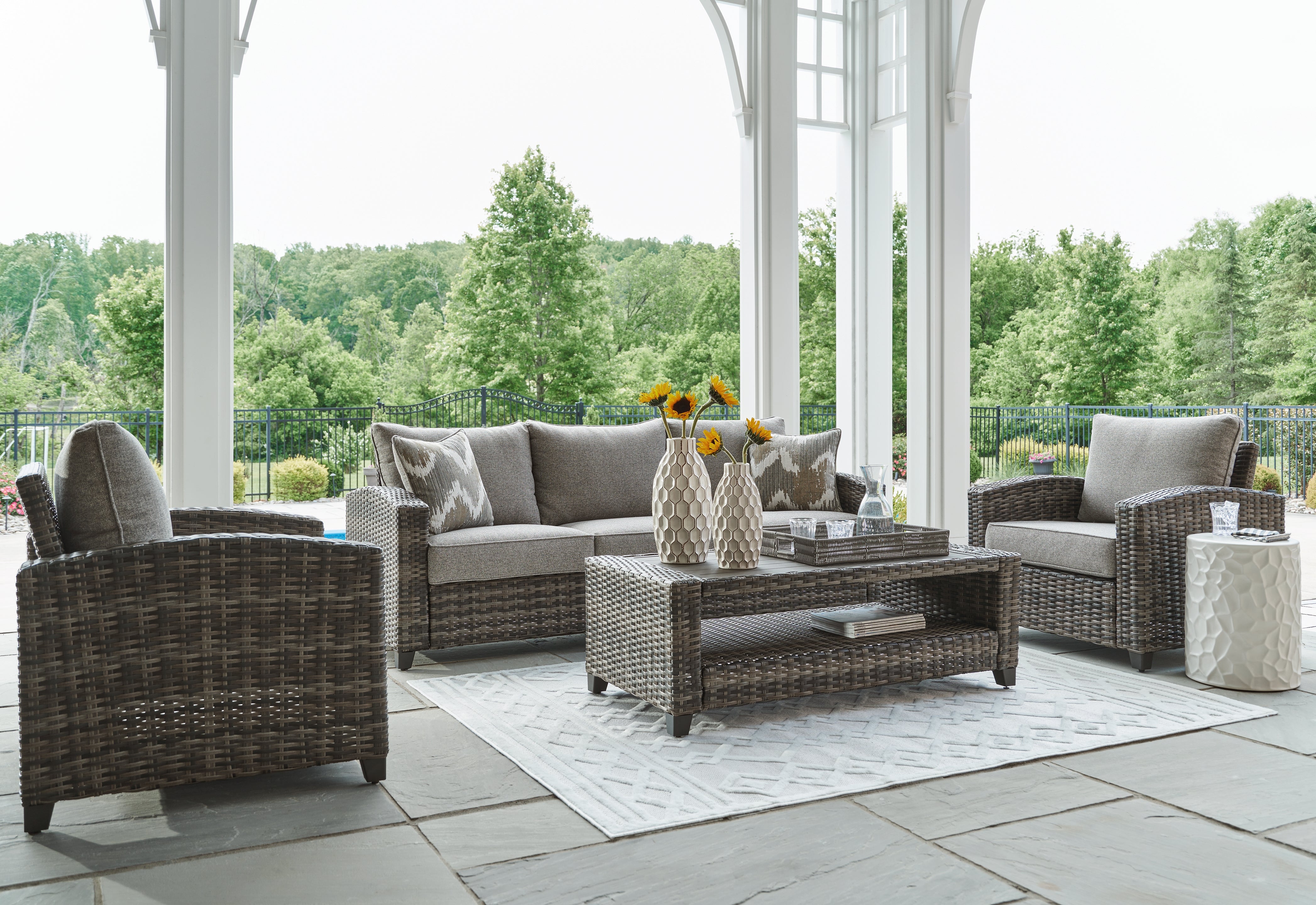 Warmstead Furniture - Ashley Furniture - Oasis Court Outdoor - Sofa/Chairs/Table Set (4/CN) / Gray - P335-081