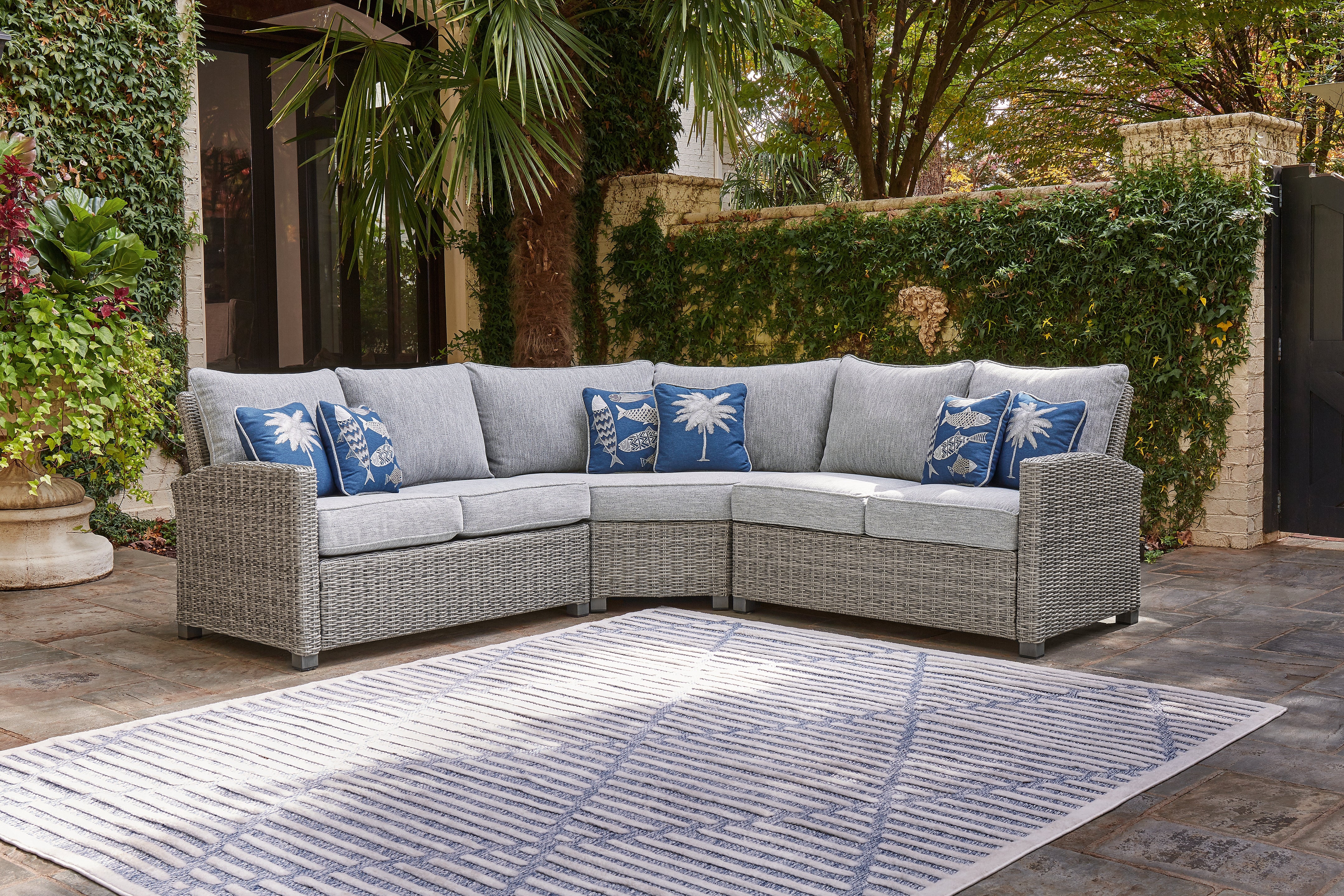 Warmstead Furniture - Ashley Furniture - Naples Beach Outdoor - RAF/LAF Loveseat w/CUSH (Set of 2) / Light Gray - P439-854