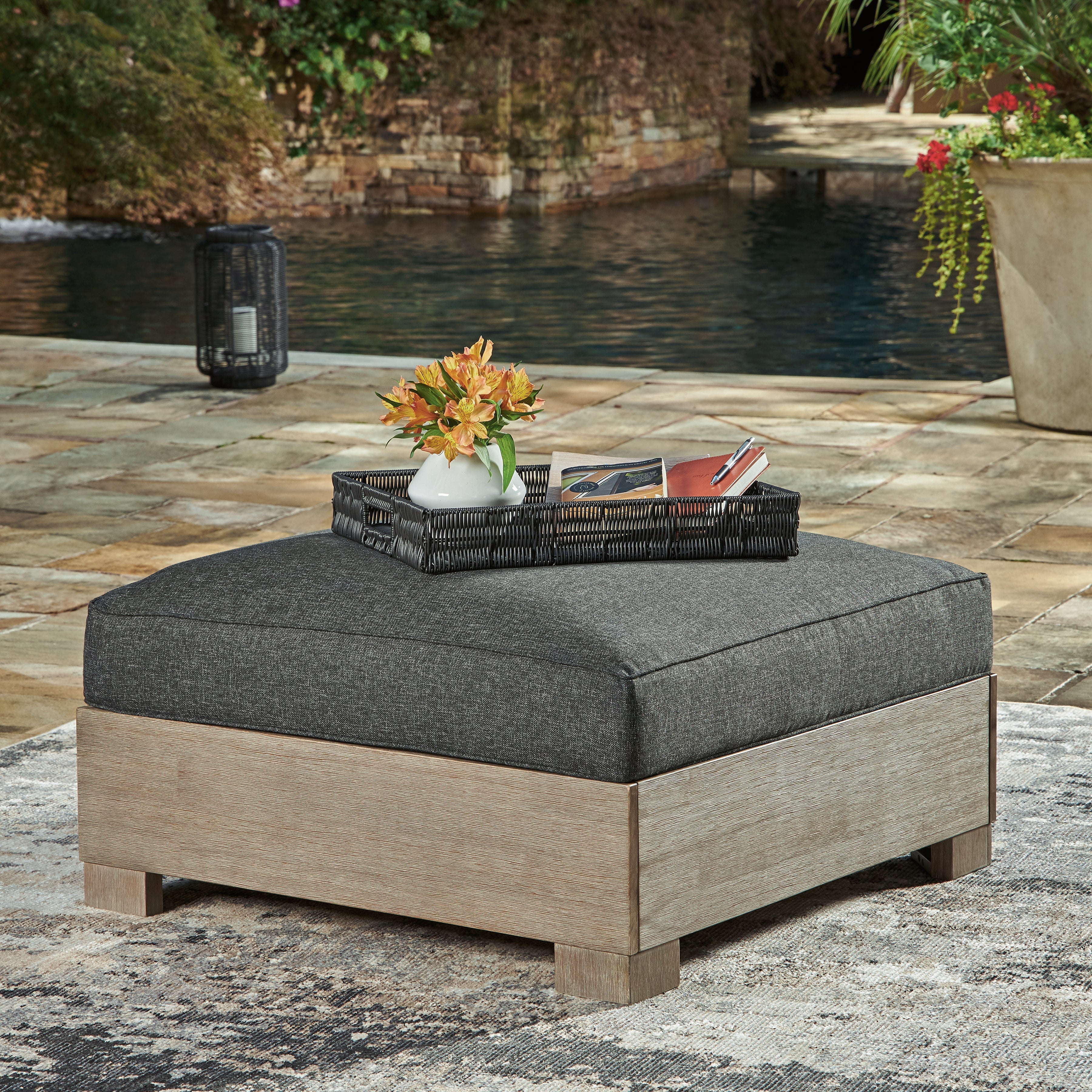 Warmstead Furniture - Ashley Furniture - Citrine Park Outdoor - Ottoman with Cushion / Brown/Charcoal - P660-814