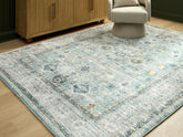 Warmstead Furniture - Ashley Furniture - Ladstoney Rug - 5' x 7' Area Rug / Teal/Beige/Ochre - R407502