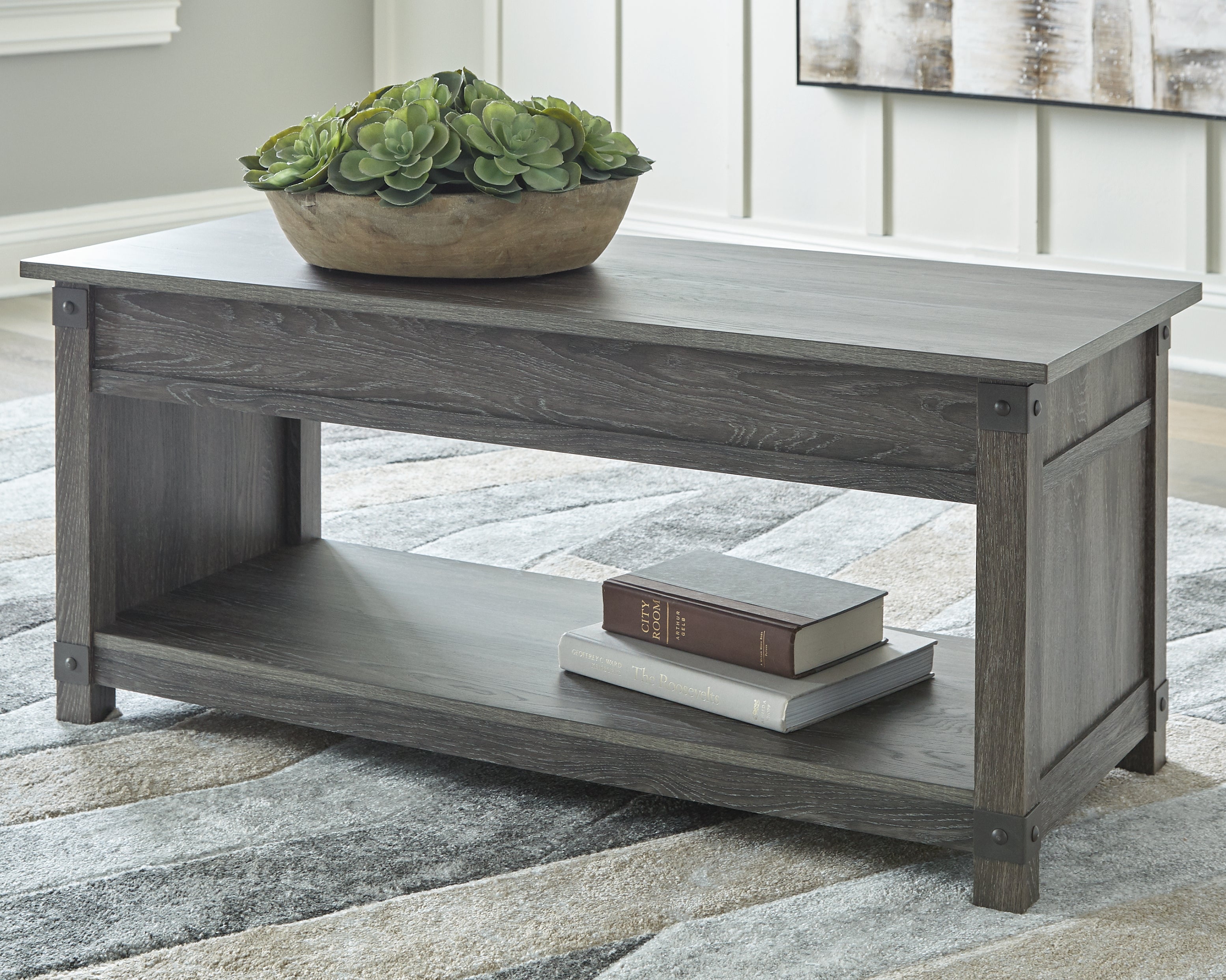 Warmstead Furniture - Ashley Furniture - Freedan Lift-Top Coffee Table - Rect Lift Top Cocktail Table / Grayish Brown - T175-9