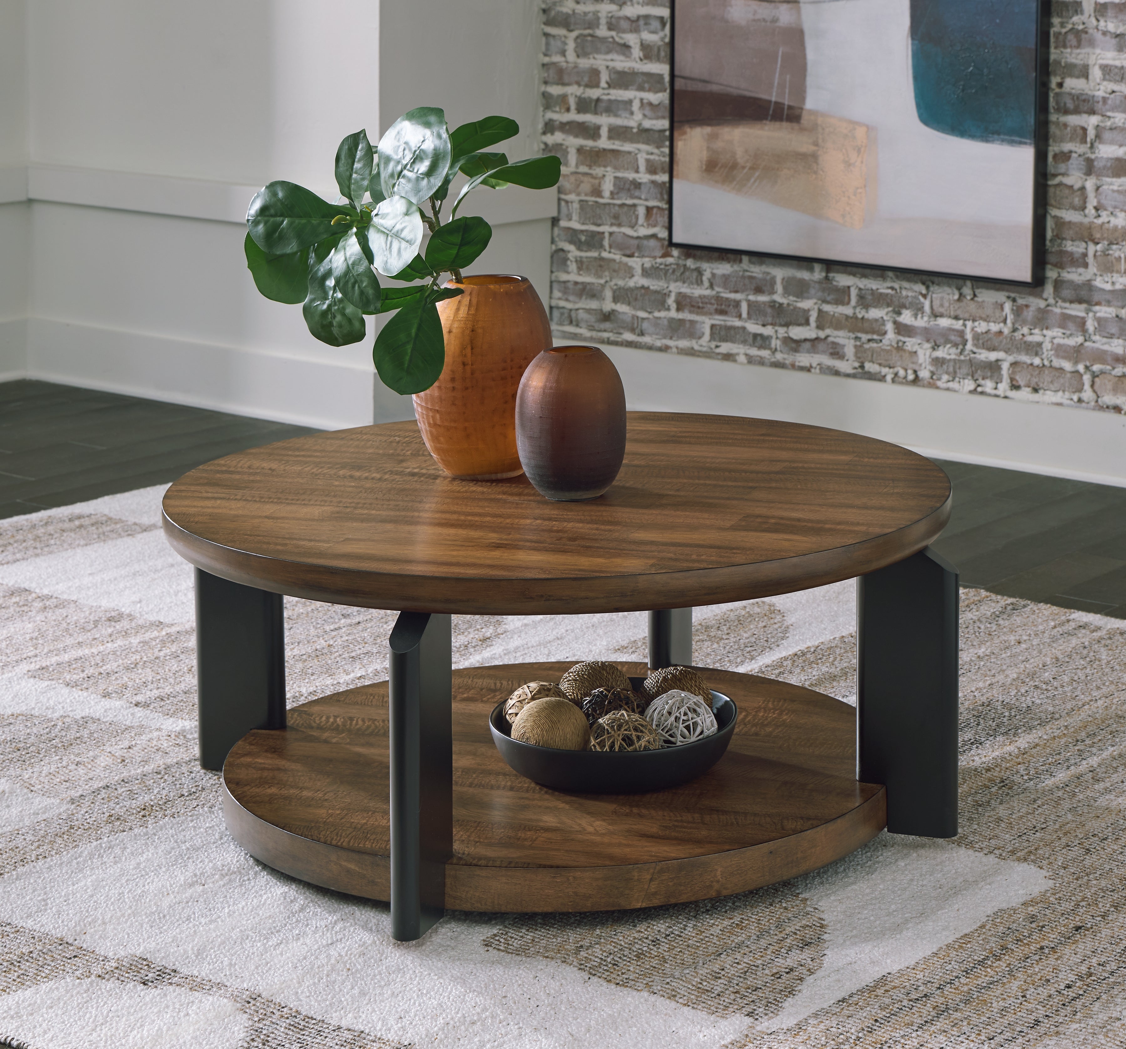 Warmstead Furniture - Ashley Furniture - Kraeburn Coffee Table - Round Cocktail Table / Brown/Black - T624-8