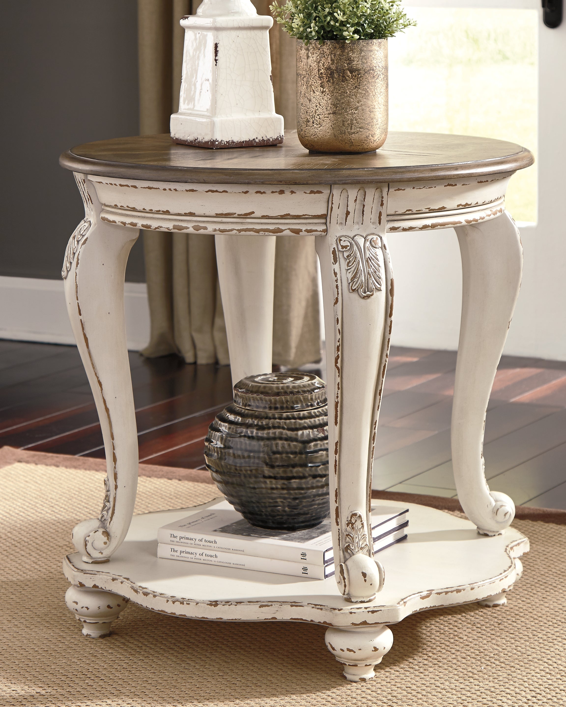Warmstead Furniture - Ashley Furniture - Realyn End Table - Round End Table / White/Brown - T743-6