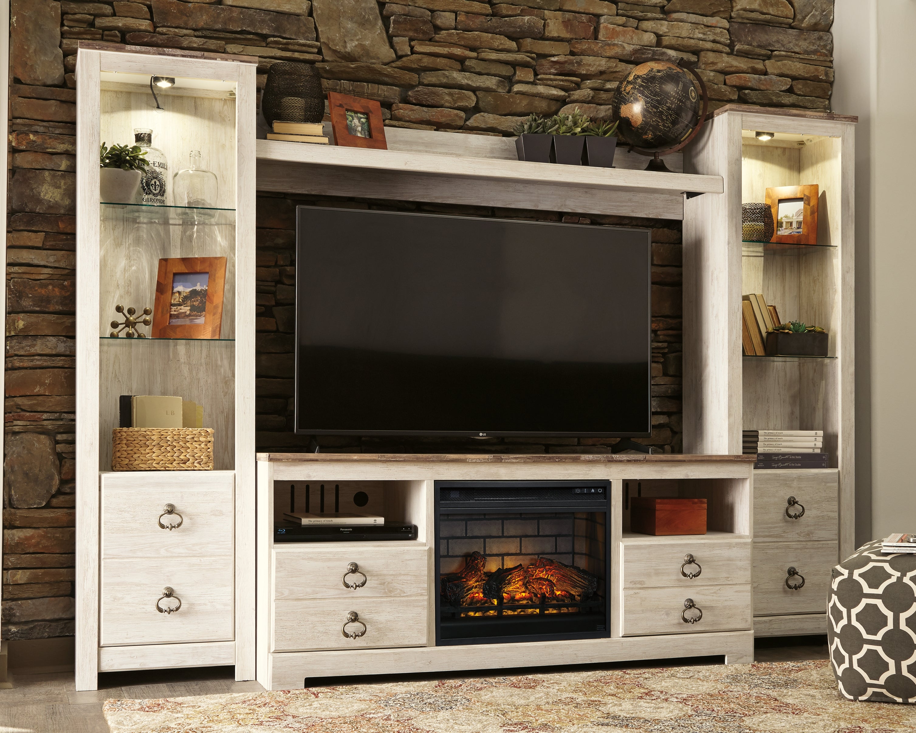 Warmstead Furniture - Ashley Furniture - Willowton 4-Piece Entertainment Center with Electric Fireplace - 4-Piece Entertainment Center with Electric Fireplace / Whitewash - W267W9