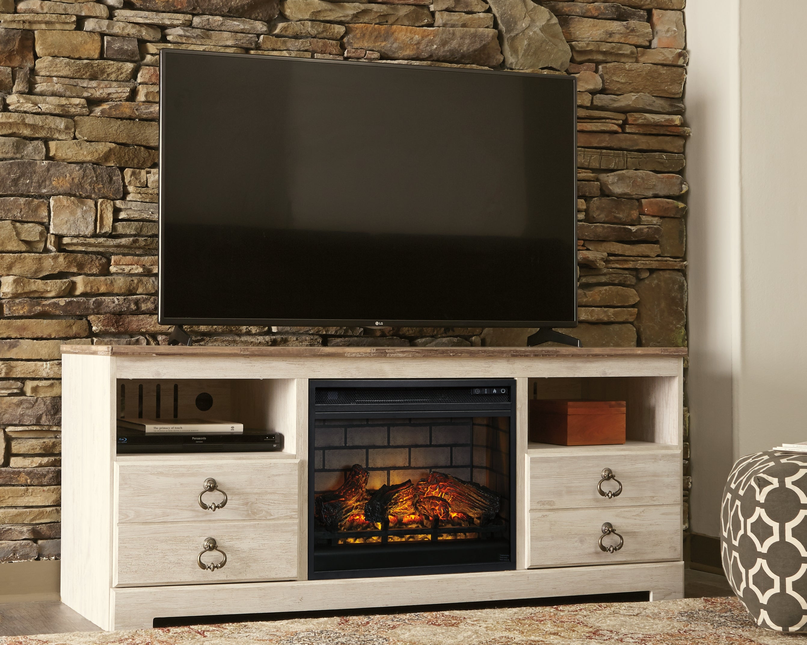 Warmstead Furniture - Ashley Furniture - Willowton 64" TV Stand with Electric Fireplace - 64" TV Stand with Electric Fireplace / Whitewash - W267W8