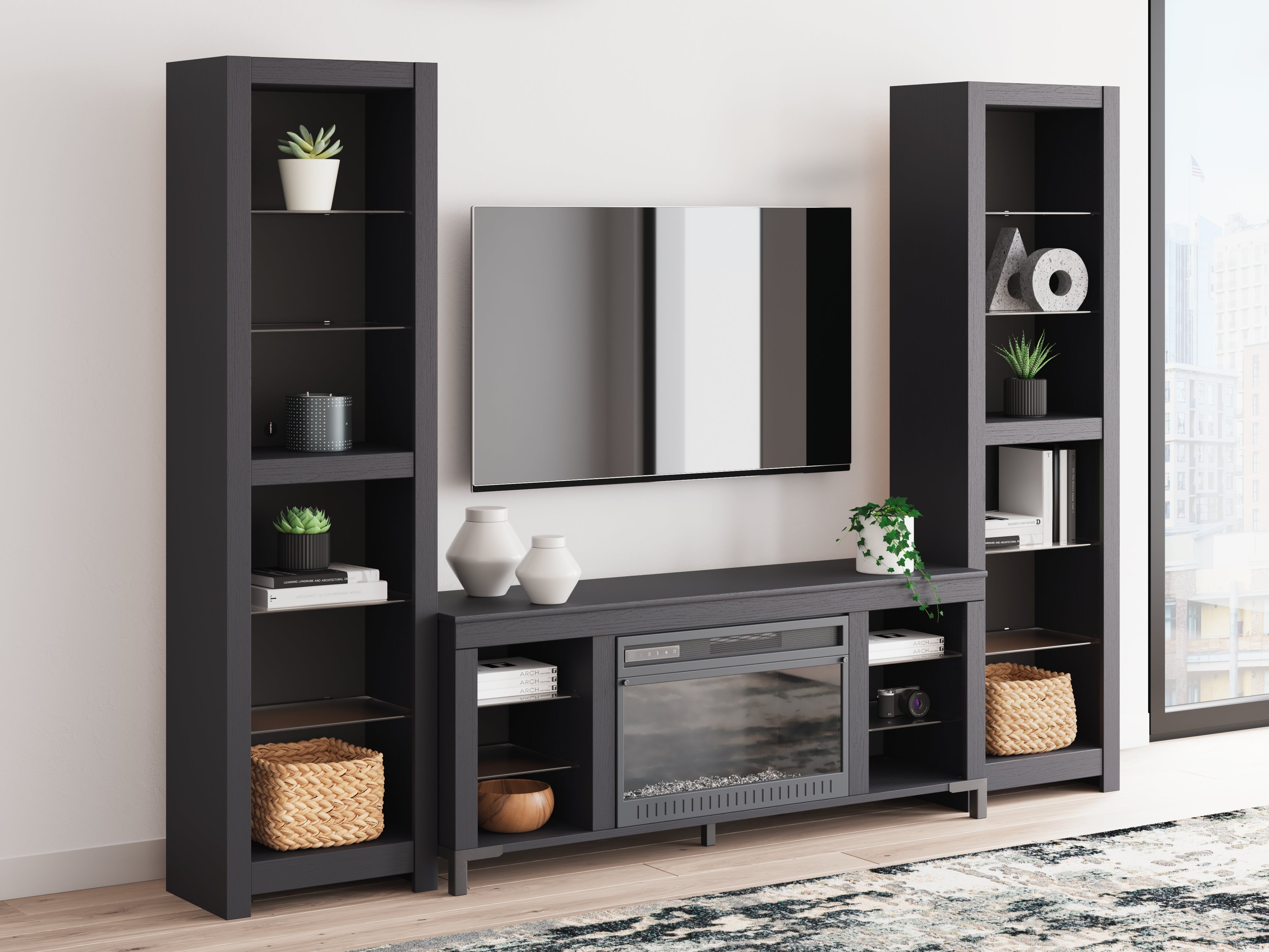 Warmstead Furniture - Ashley Furniture - Cayberry 3-Piece Entertainment Center with Electric Fireplace - 3-Piece Entertainment Center with Electric Fireplace / Black - W2721W2
