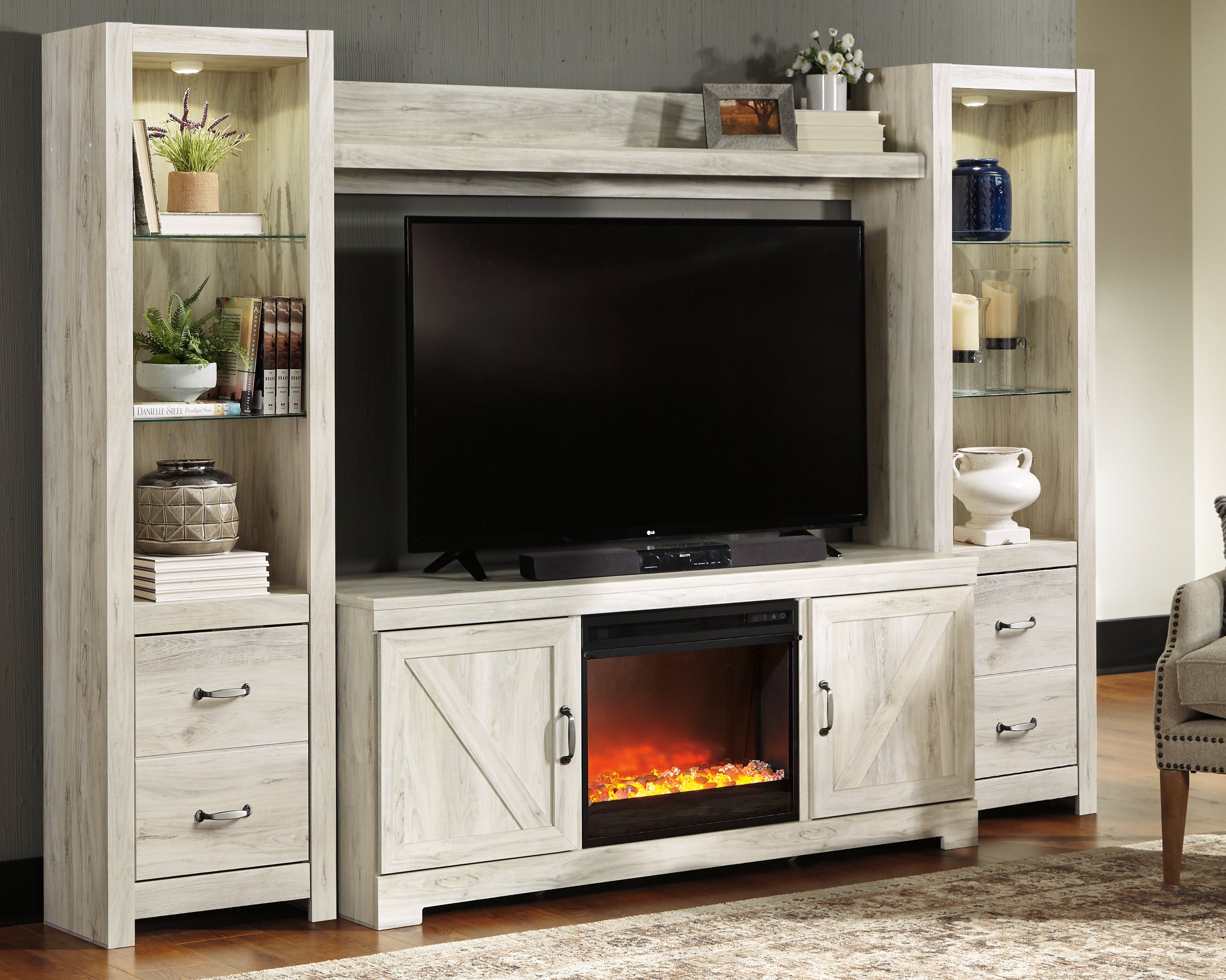 Warmstead Furniture - Ashley Furniture - Bellaby 4-Piece Entertainment Center with Fireplace - 4-Piece Entertainment Center with Fireplace / Whitewash - W331W5