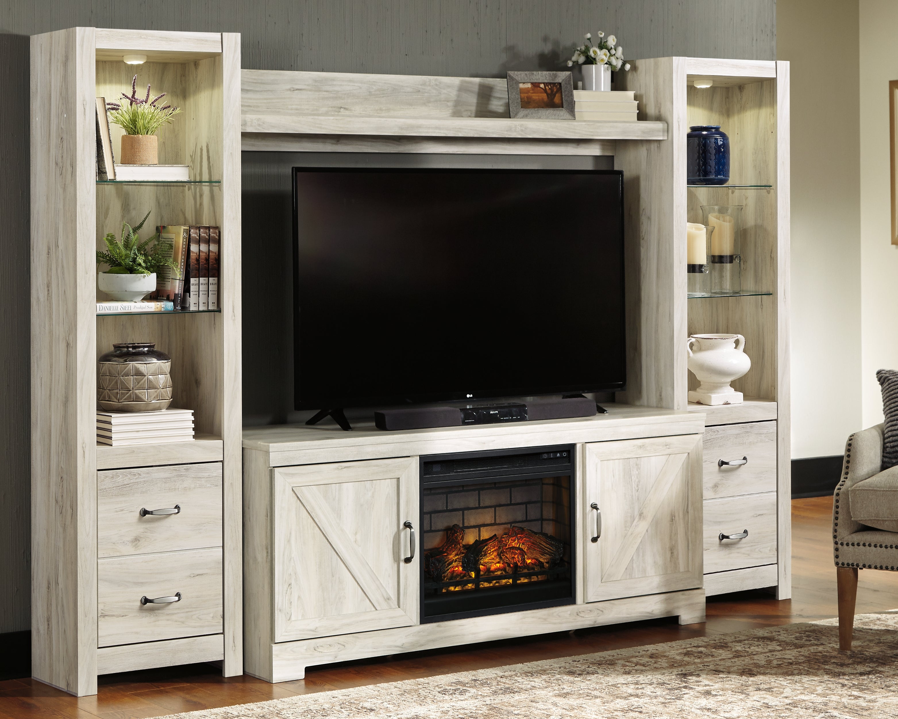 Warmstead Furniture - Ashley Furniture - Bellaby 4-Piece Entertainment Center with Electric Fireplace - 4-Piece Entertainment Center with Electric Fireplace / Whitewash - W331W8