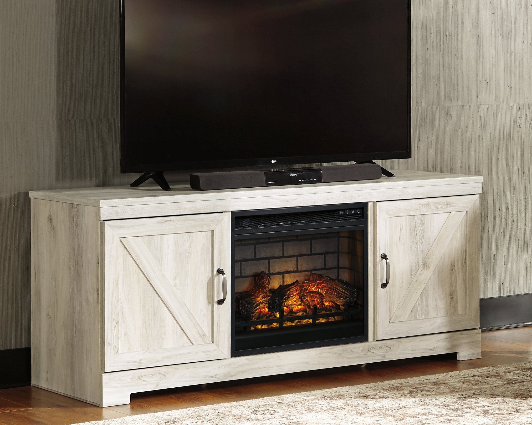 Warmstead Furniture - Ashley Furniture - Bellaby 63" TV Stand with Electric Fireplace - 63" TV Stand with Electric Fireplace / Whitewash - W331W9