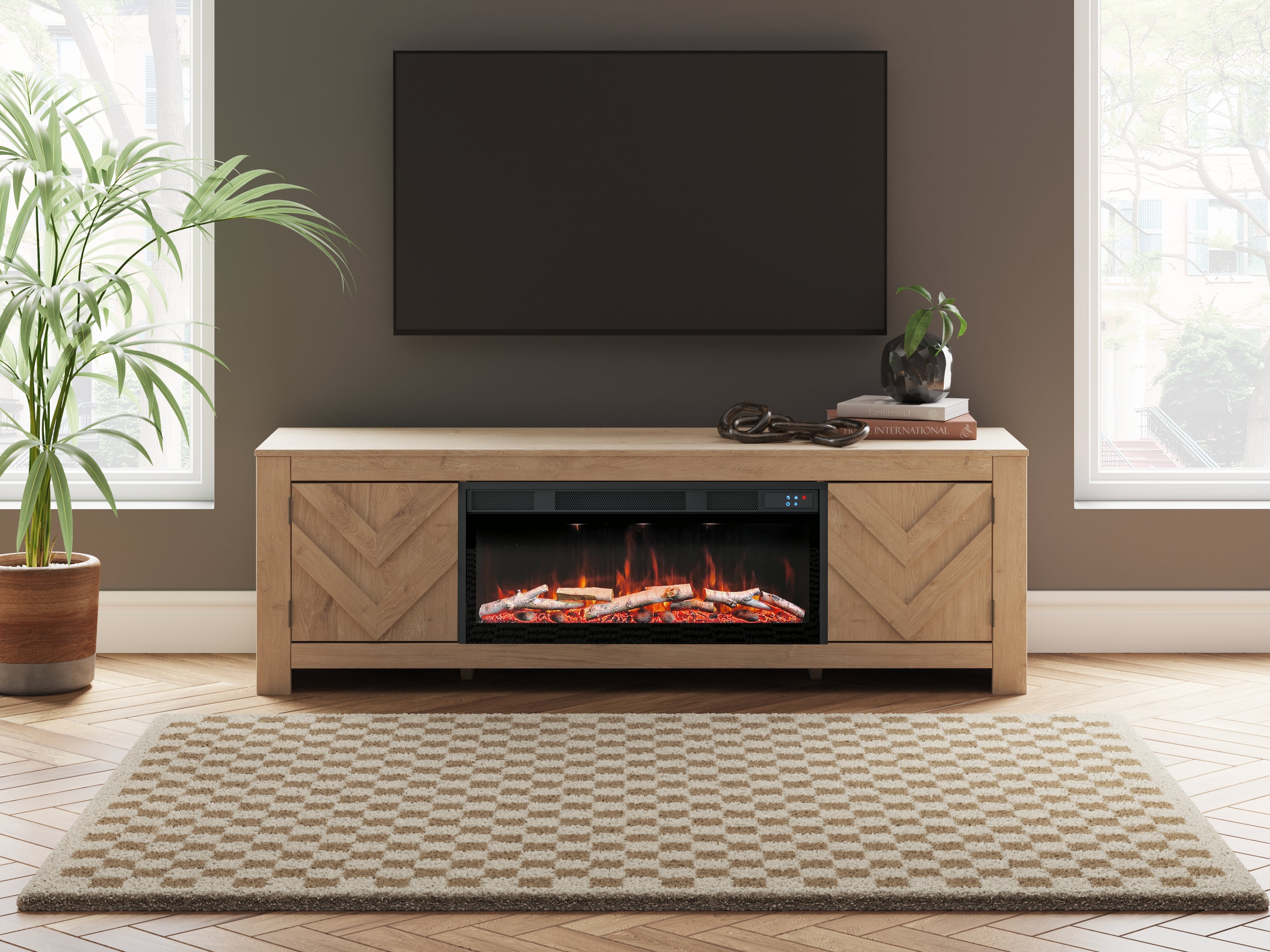 Warmstead Furniture - Ashley Furniture - Cayboni 71" TV Stand with Electric Fireplace - 71" TV Stand with Electric Fireplace / Tan - W3787W1
