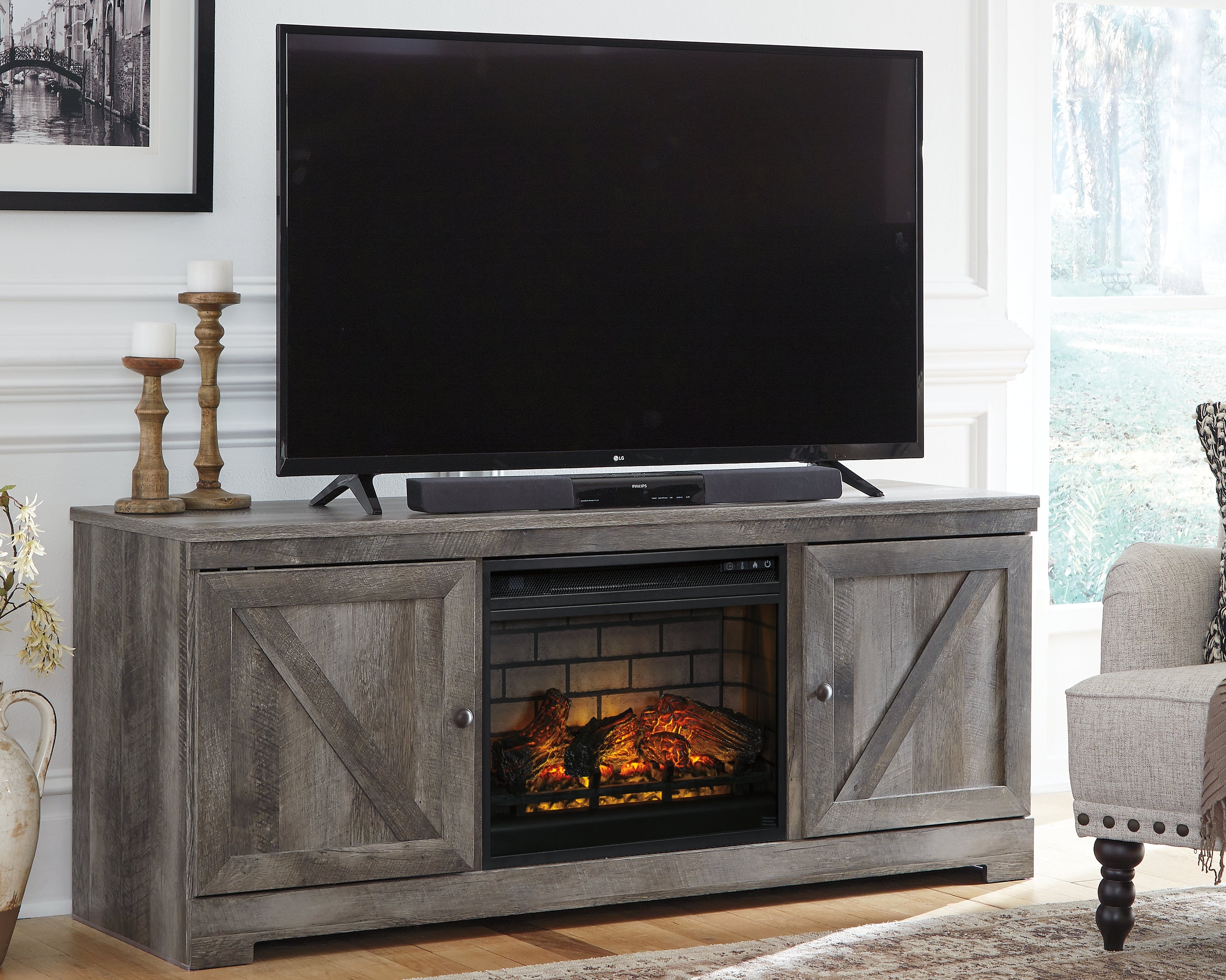 Warmstead Furniture - Ashley Furniture - Wynnlow 63" TV Stand with Electric Fireplace - 63" TV Stand with Electric Fireplace / Gray - W440W9