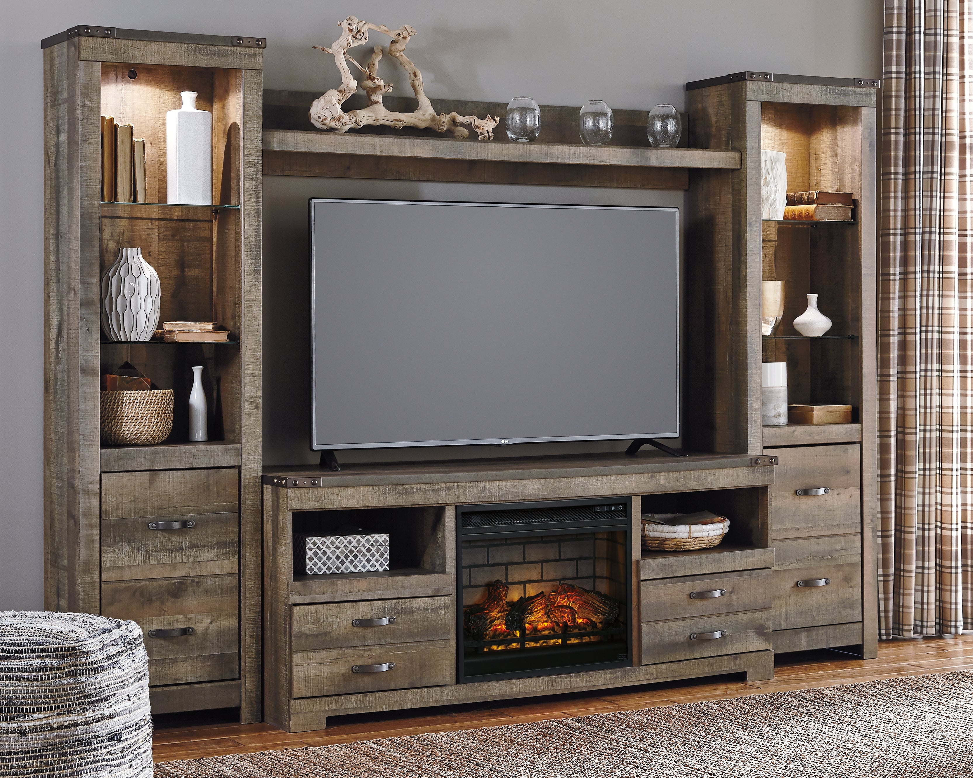 Warmstead Furniture - Ashley Furniture - Trinell 4-Piece Entertainment Center with Electric Fireplace - 4-Piece Entertainment Center with Electric Fireplace / Brown - W446W8