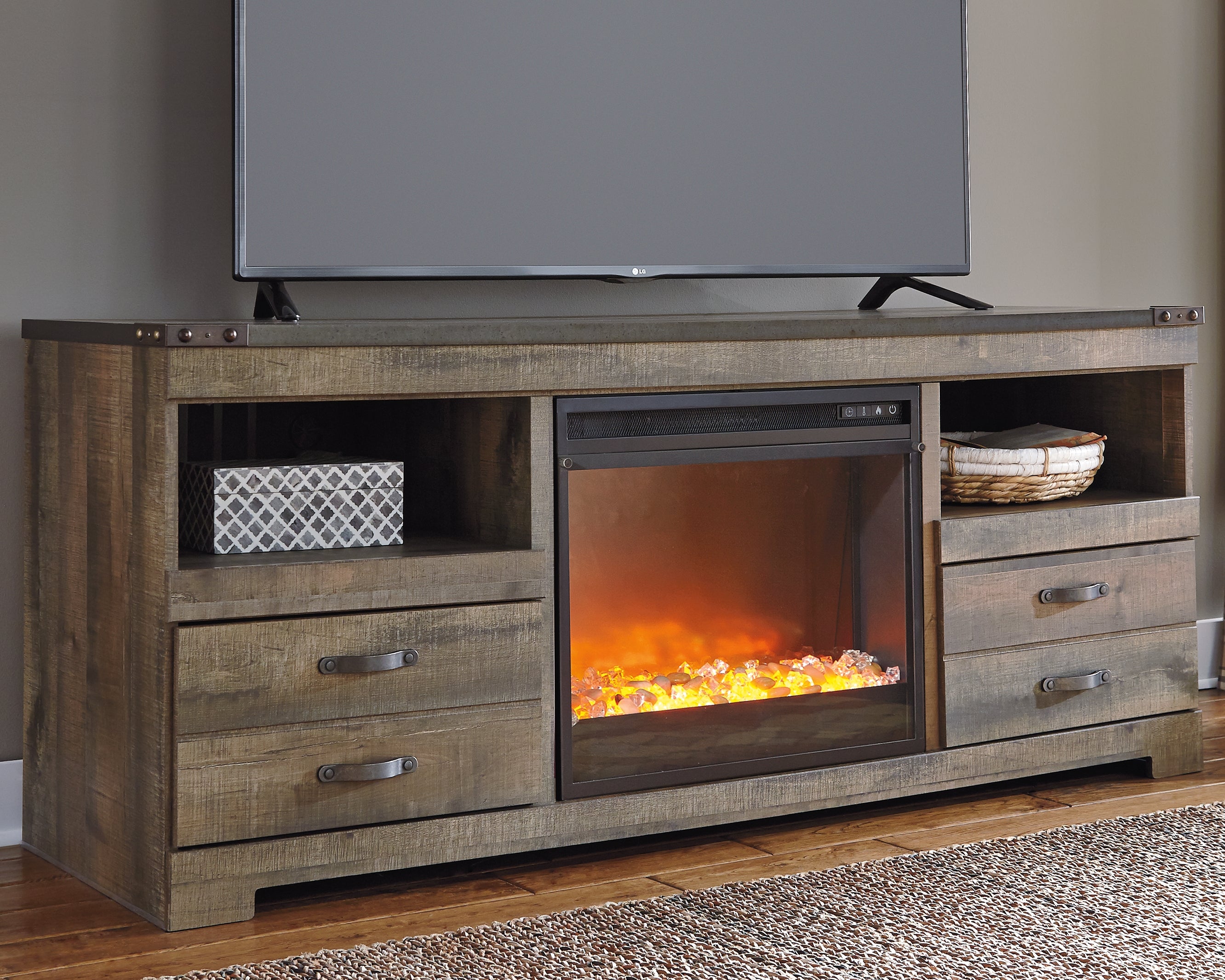 Warmstead Furniture - Ashley Furniture - Trinell 63" TV Stand with Electric Fireplace - 63" TV Stand with Electric Fireplace / Brown - W446W5
