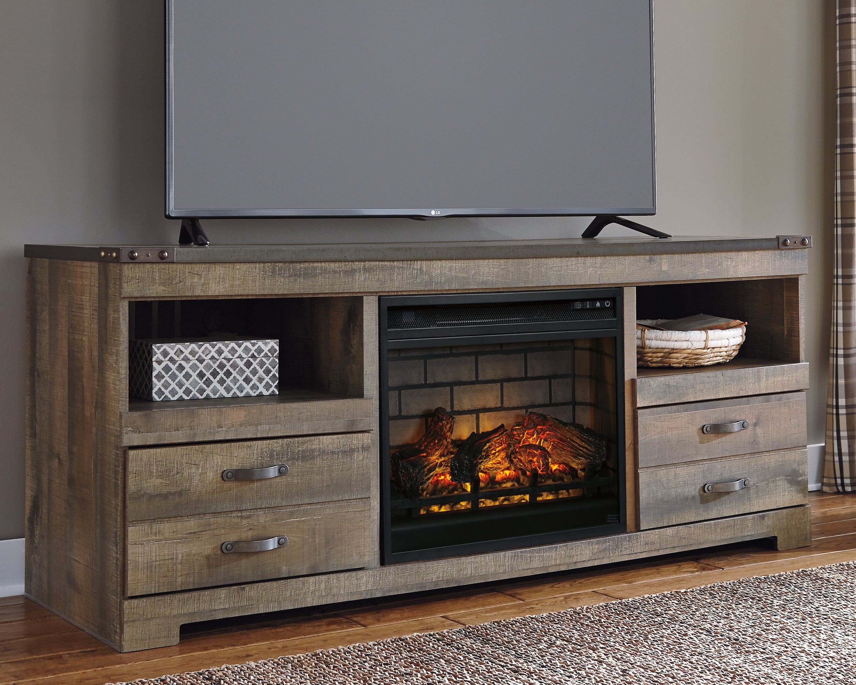 Warmstead Furniture - Ashley Furniture - Trinell 63" TV Stand with Electric Fireplace - 63" TV Stand with Electric Fireplace / Brown - W446W9