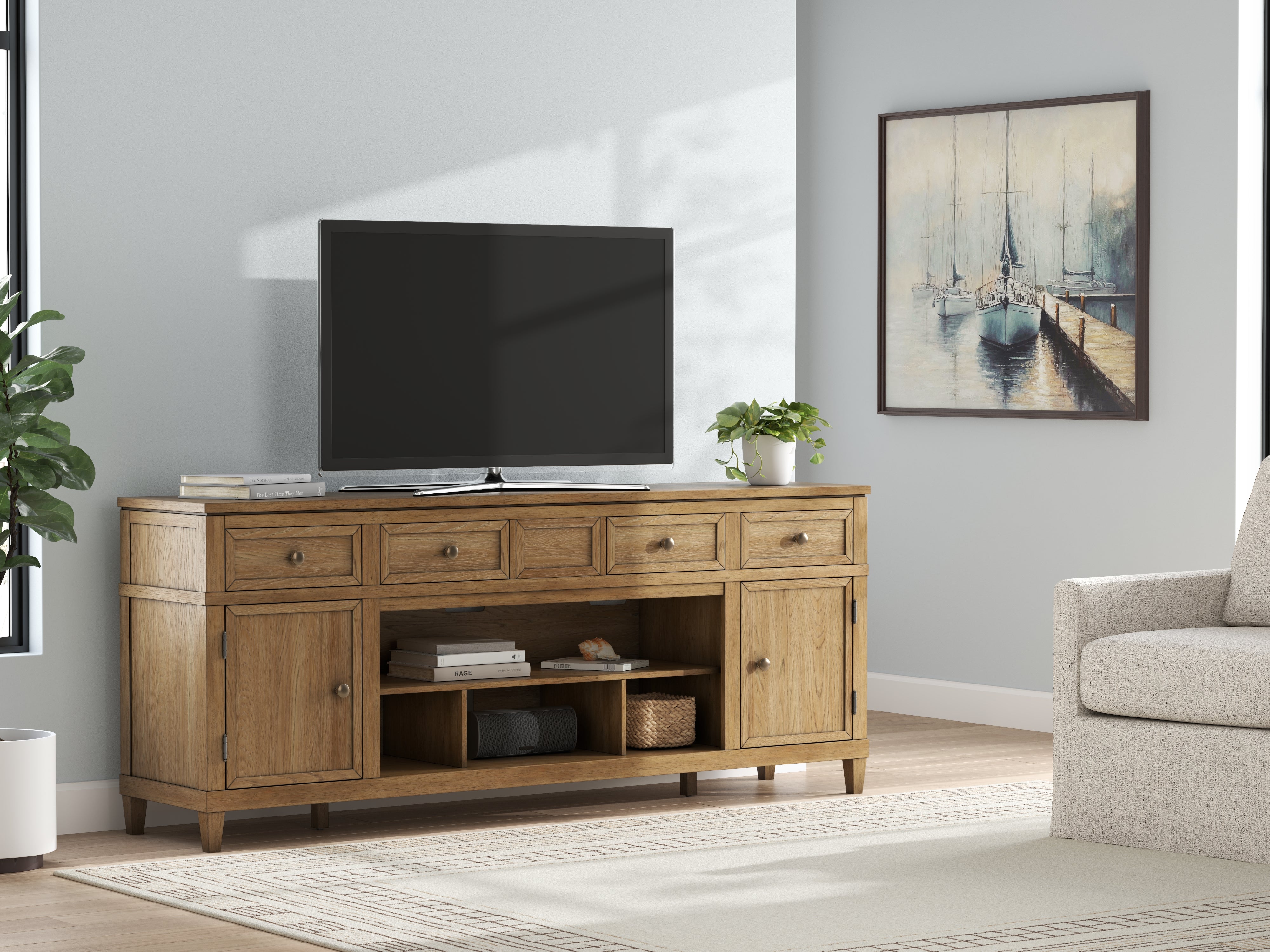 Warmstead Furniture - Ashley Furniture - Sharlance 81" TV Stand - 81" / Light Brown - W655-68