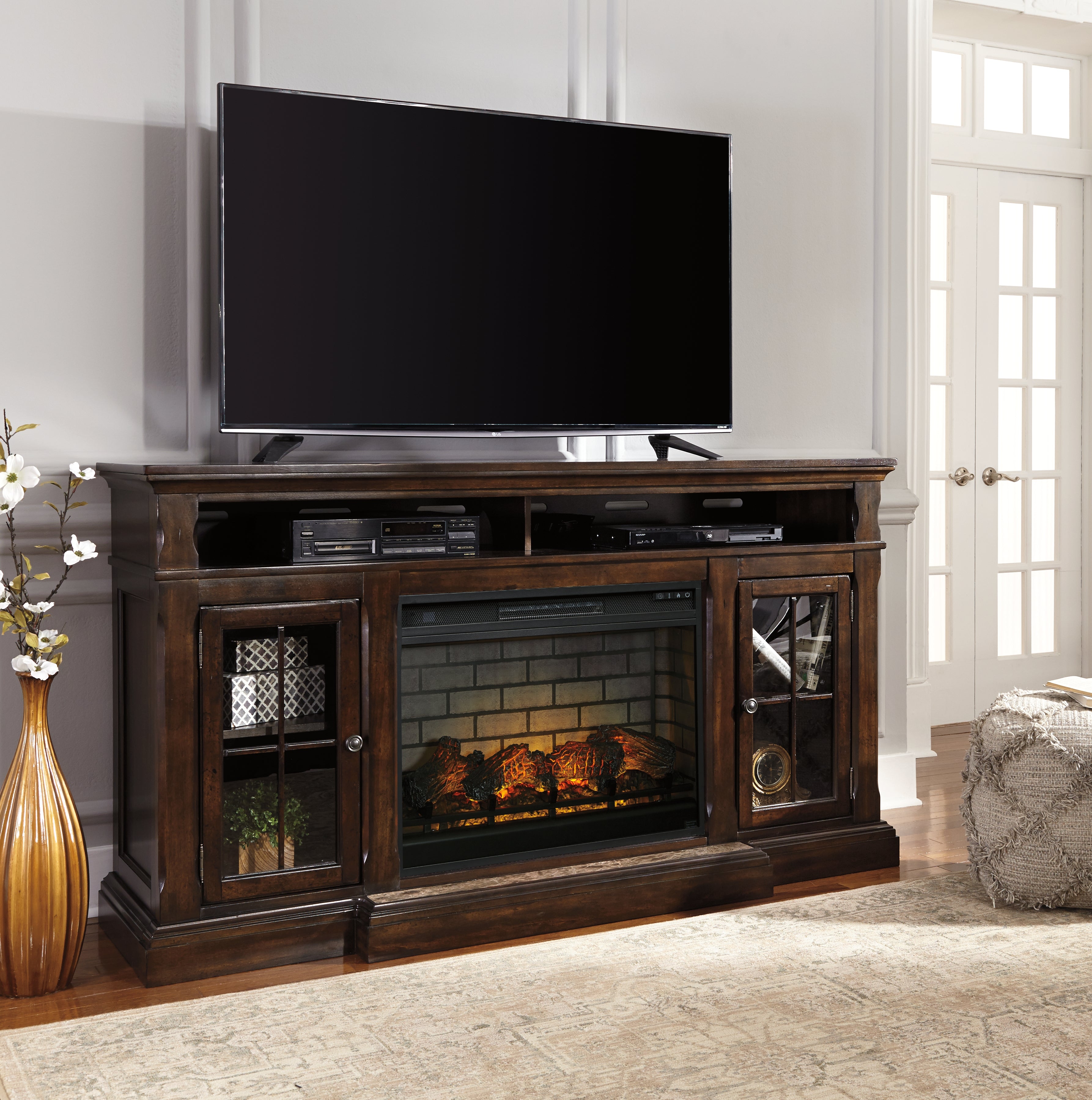 Warmstead Furniture - Ashley Furniture - Roddinton 72" TV Stand with Electric Fireplace - 72" TV Stand with Electric Fireplace / Dark Brown - W701W8