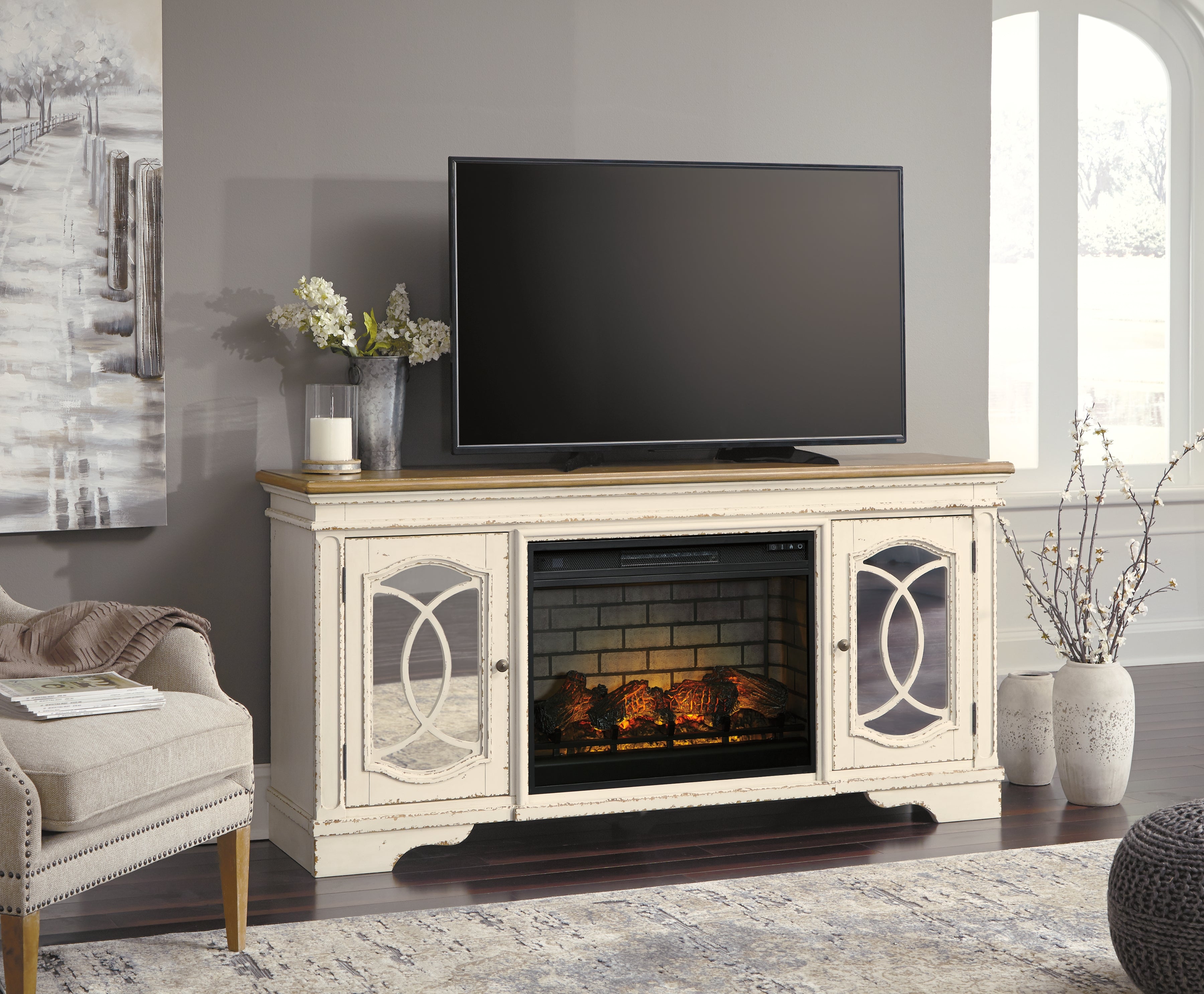 Warmstead Furniture - Ashley Furniture - Realyn 74" TV Stand with Electric Fireplace - 74" TV Stand with Electric Fireplace / Chipped White - W743W2