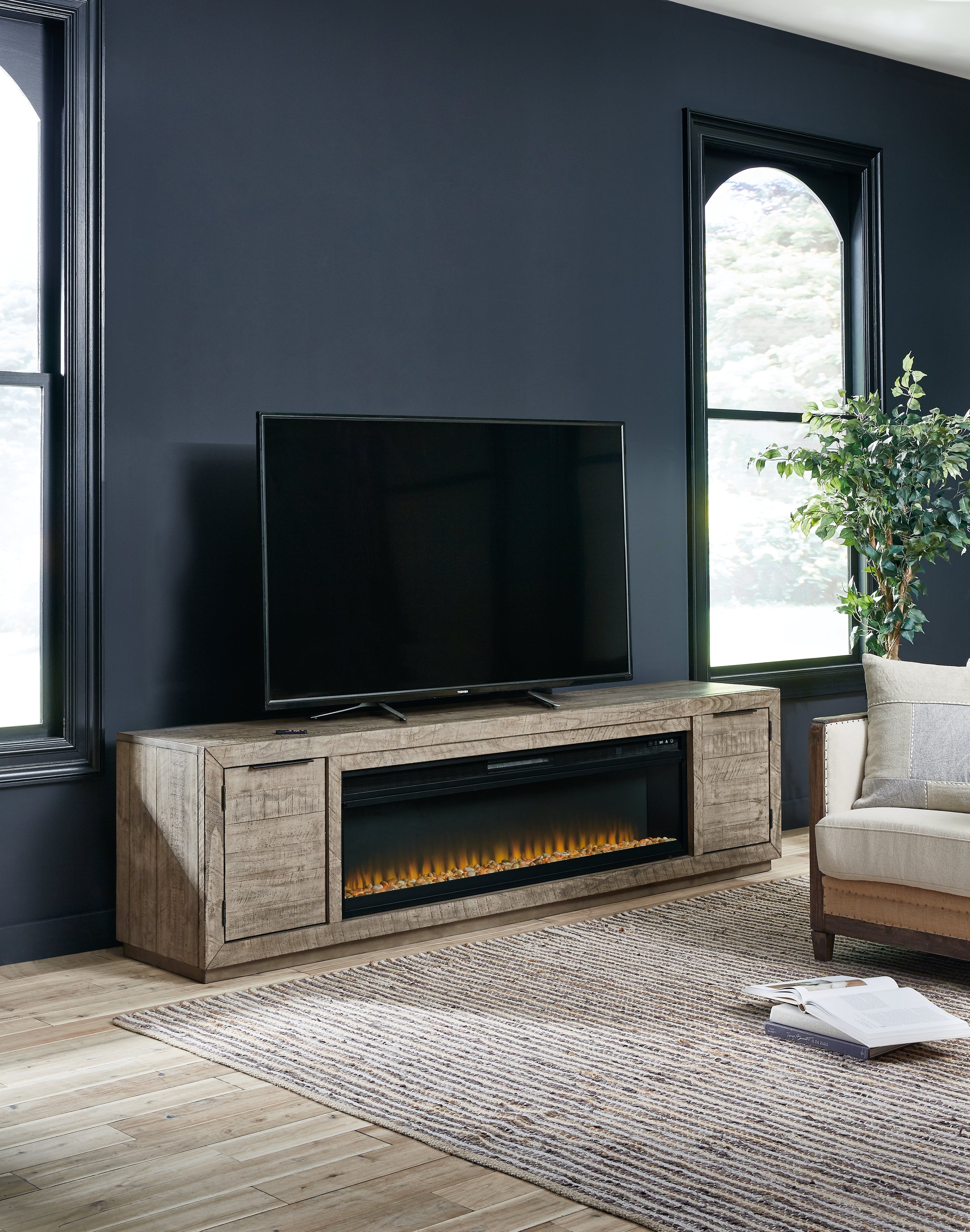 Warmstead Furniture - Ashley Furniture - Krystanza TV Stand with Electric Fireplace - TV Stand with Electric Fireplace / Weathered Gray - W760W1