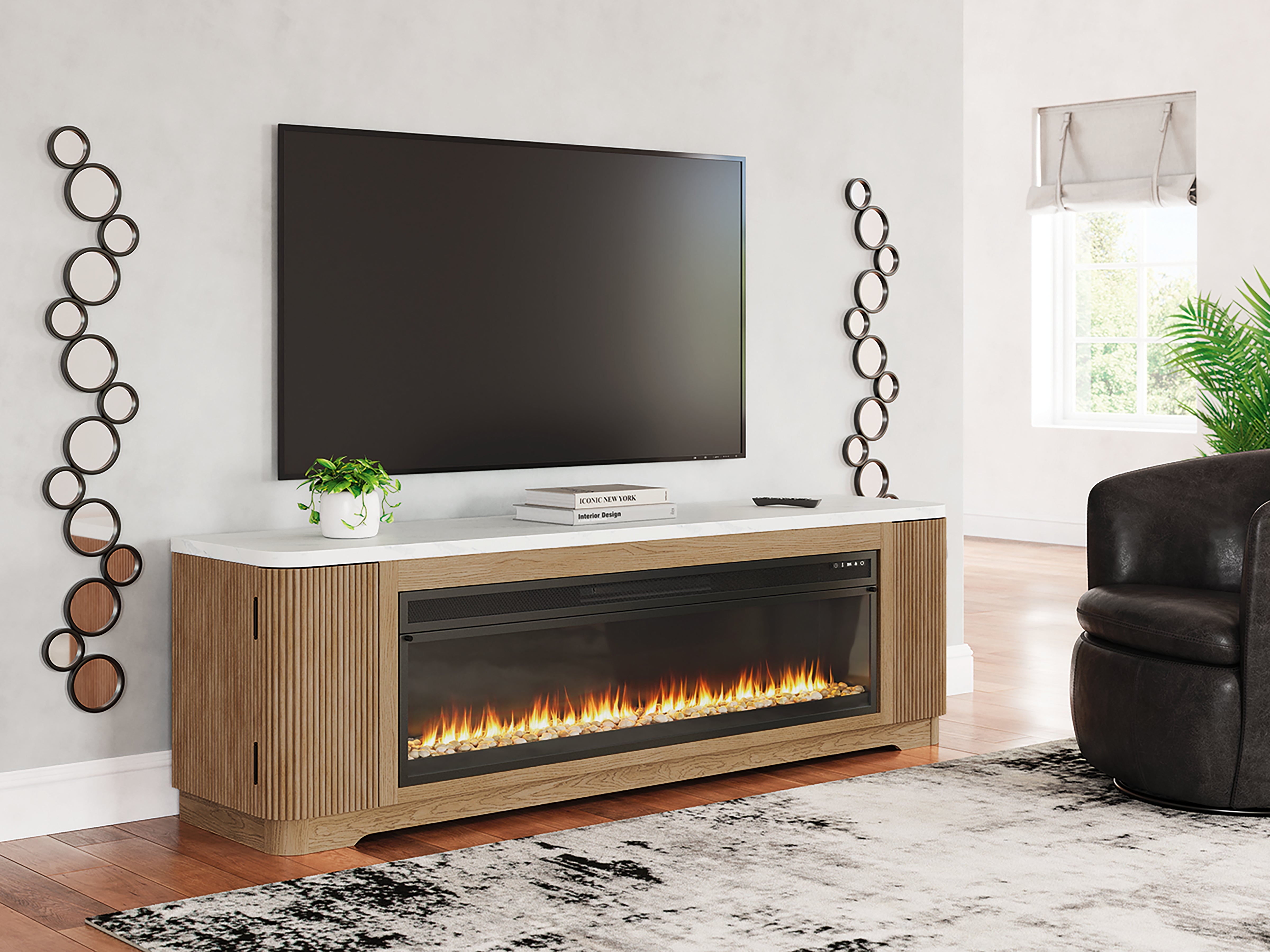 Warmstead Furniture - Ashley Furniture - Camdill 80" TV Stand with Electric Fireplace - 80" TV Stand with Electric Fireplace / Light Brown - W808W1