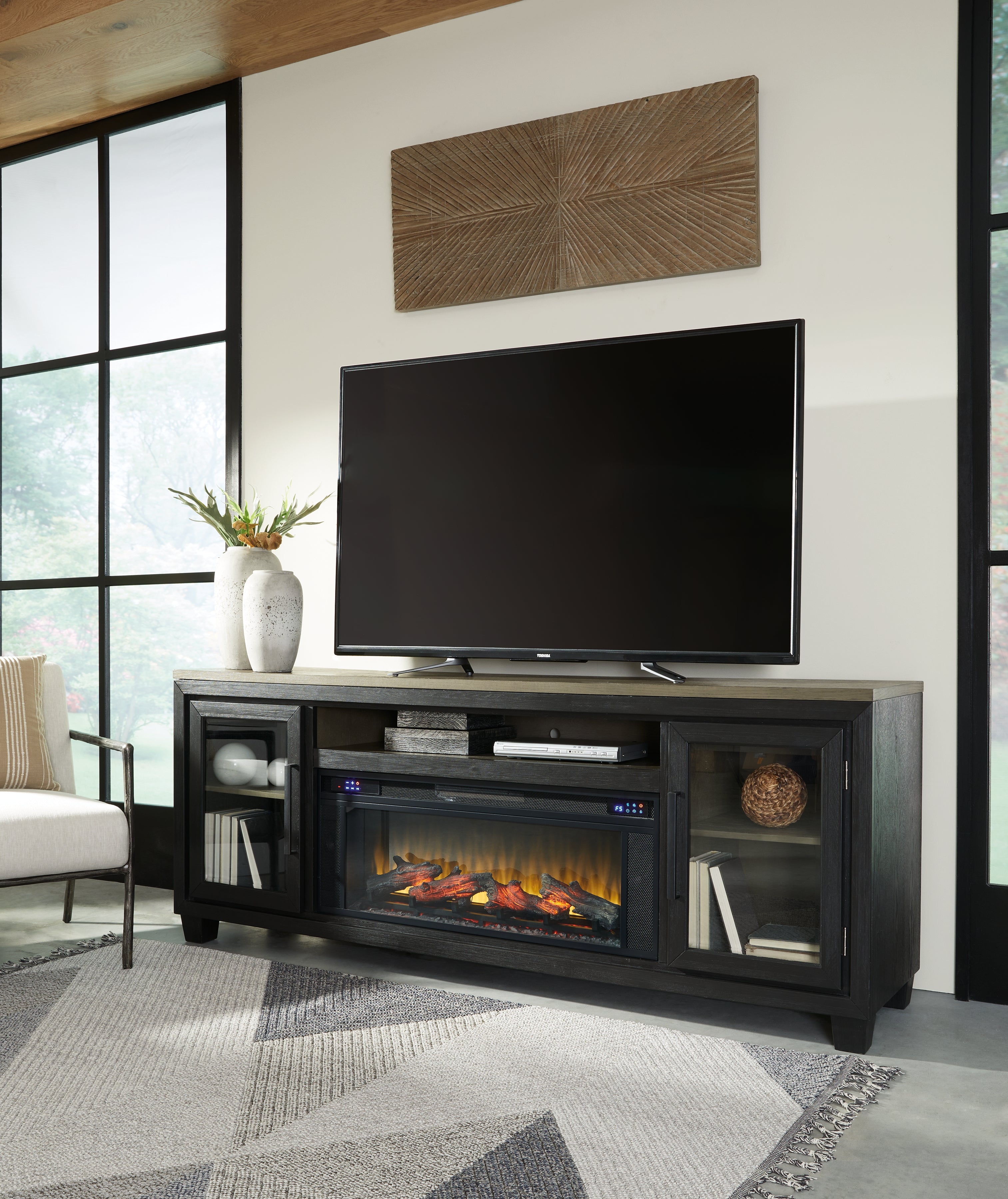 Warmstead Furniture - Ashley Furniture - Foyland 83" TV Stand with Electric Fireplace - 83" TV Stand with Electric Fireplace / Black/Brown - W989W1