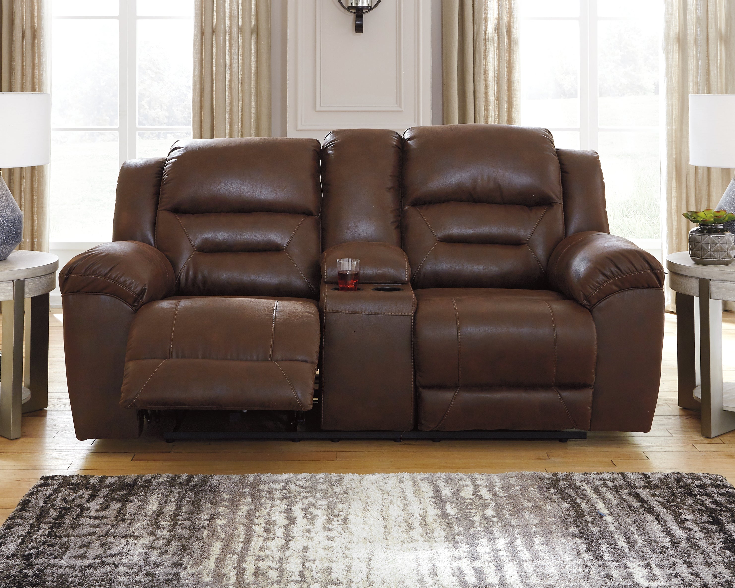 Warmstead Furniture - Ashley Furniture - Stoneland Living Room - DBL Rec Loveseat w/Console / Chocolate - 3990494