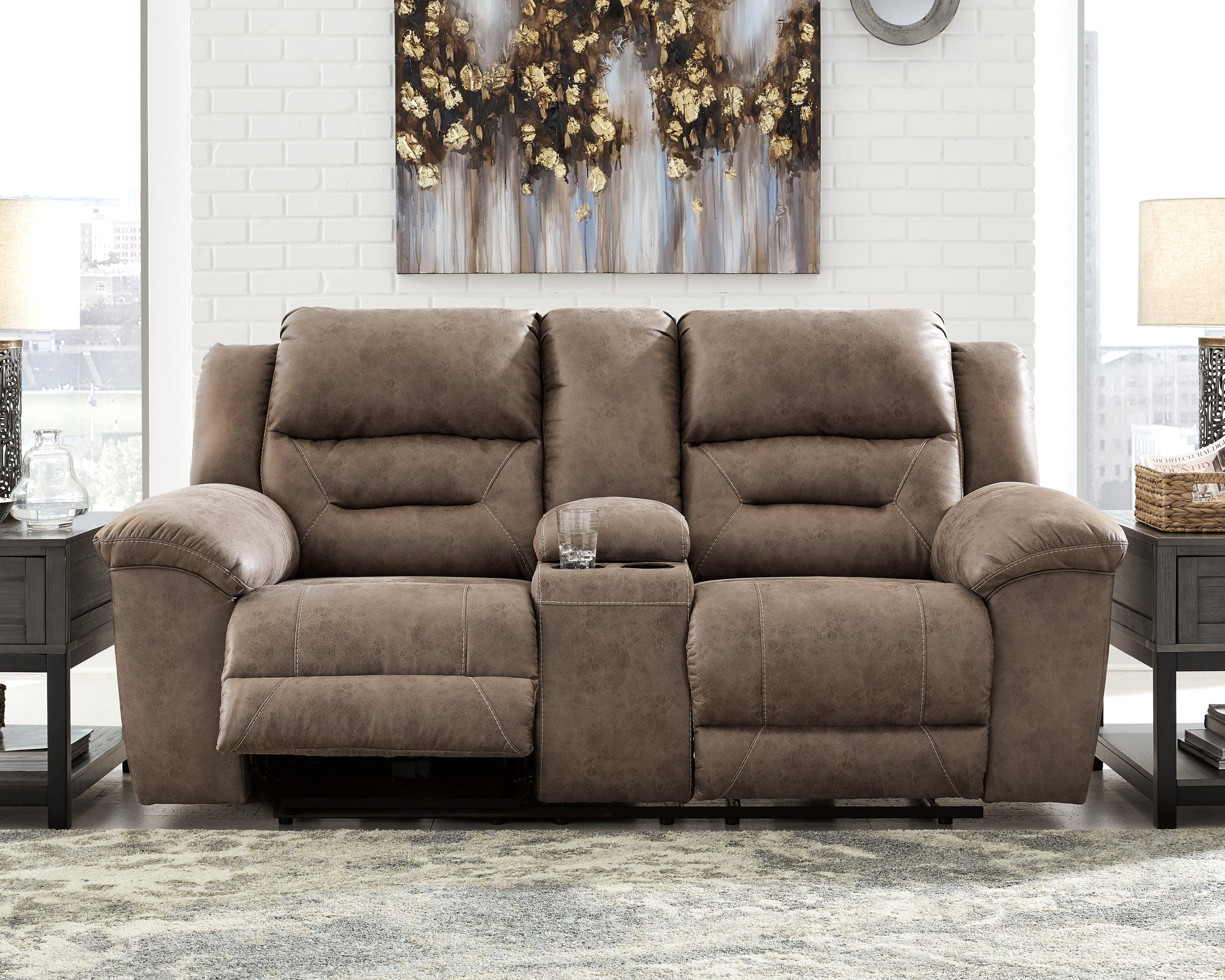 Warmstead Furniture - Ashley Furniture - Stoneland Living Room - DBL REC PWR Loveseat w/Console / Fossil - 3990596