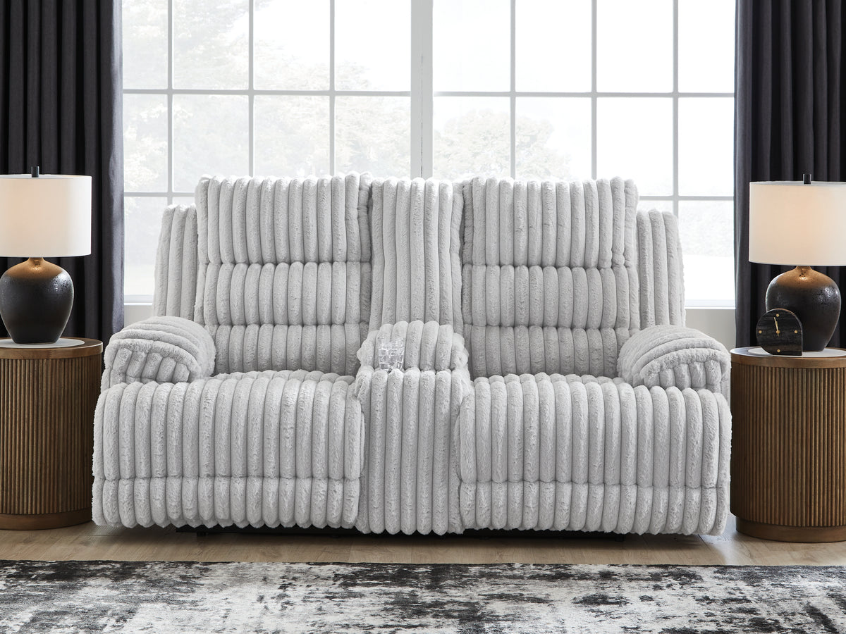 Warmstead Furniture - Ashley Furniture - Rhines Falls Living Room - REC PWR Sofa w/Drop Down Table / Alloy - PC4280499