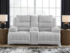Warmstead Furniture - Ashley Furniture - Rhines Falls Living Room - REC PWR Sofa w/Drop Down Table / Alloy - PC4280499