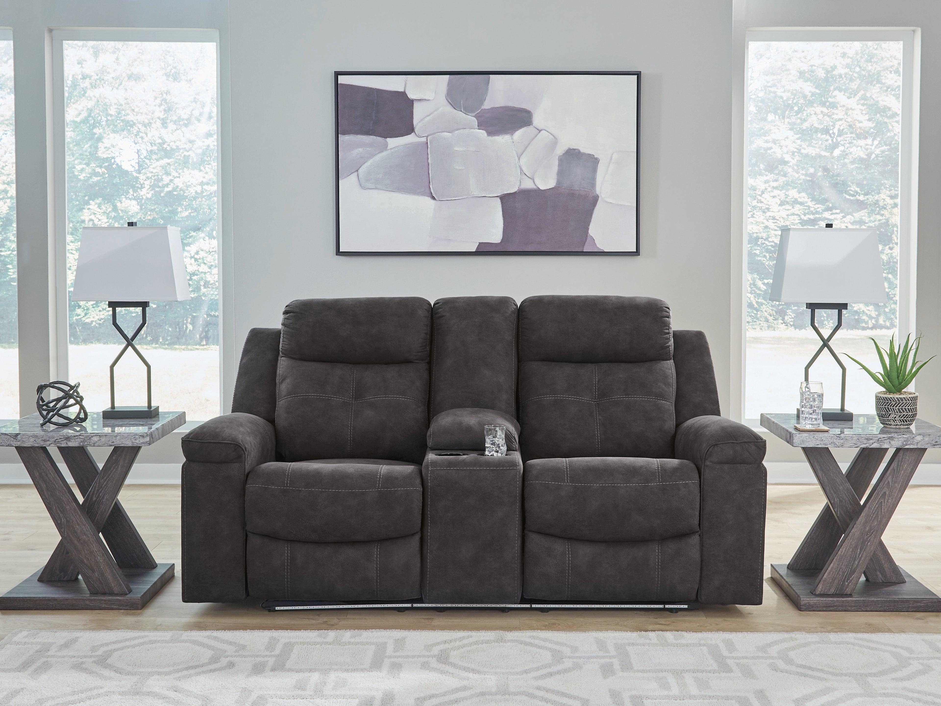 Warmstead Furniture - Ashley Furniture - Brysonview Living Room - DBL Rec Loveseat w/Console / Charcoal - 6360594