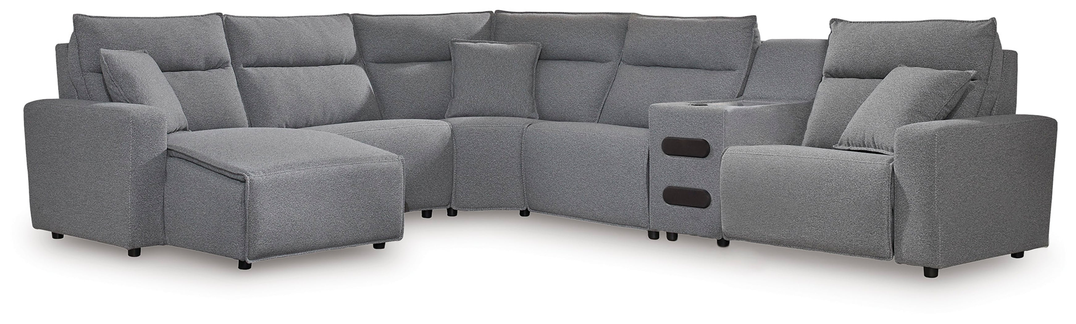 Warmstead Furniture - Ashley Furniture - ModMax II Sectional - 6-Piece Reclining Sectional with Chaise and Audio Console / Salt and Pepper - 65906S29