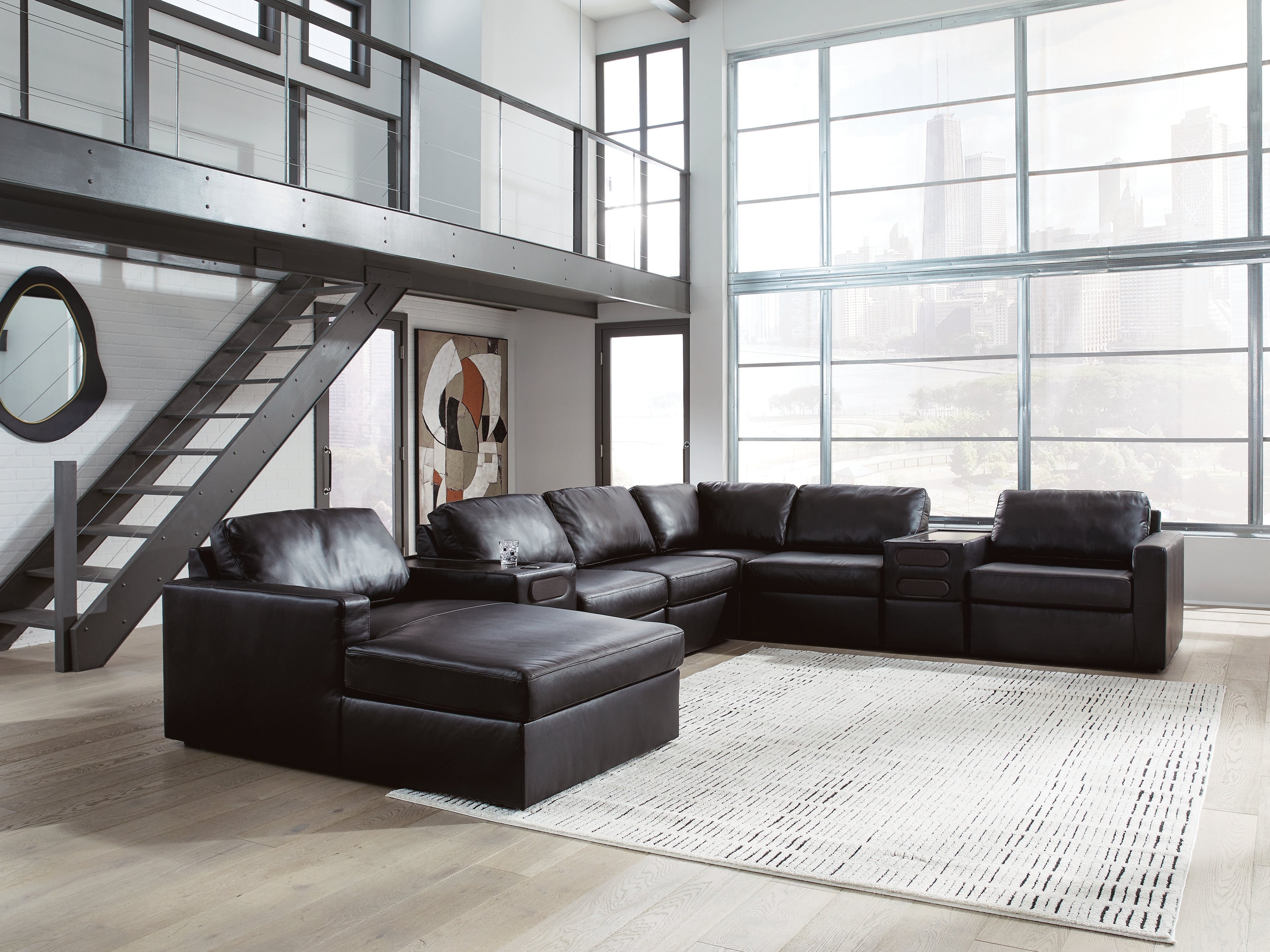 Warmstead Furniture - Ashley Furniture - ModMax II Sectional - RAF 8-Piece Sectional with Chaise and Audio Consoles / Black - 74305S47