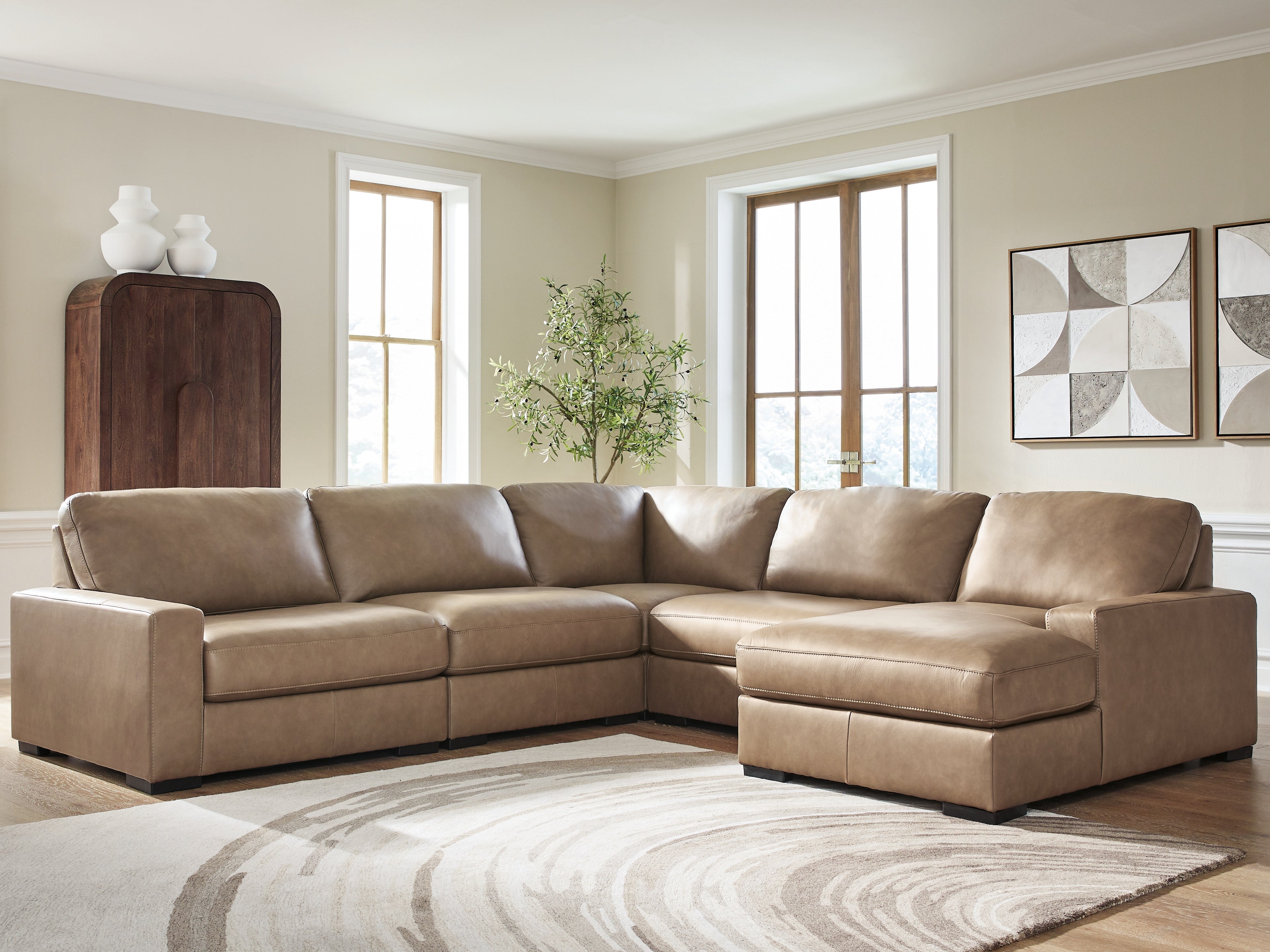 Warmstead Furniture - Ashley Furniture - Veronella Sectional - RAF 5-Piece Sectional with Chaise / Sahara - 76106S13