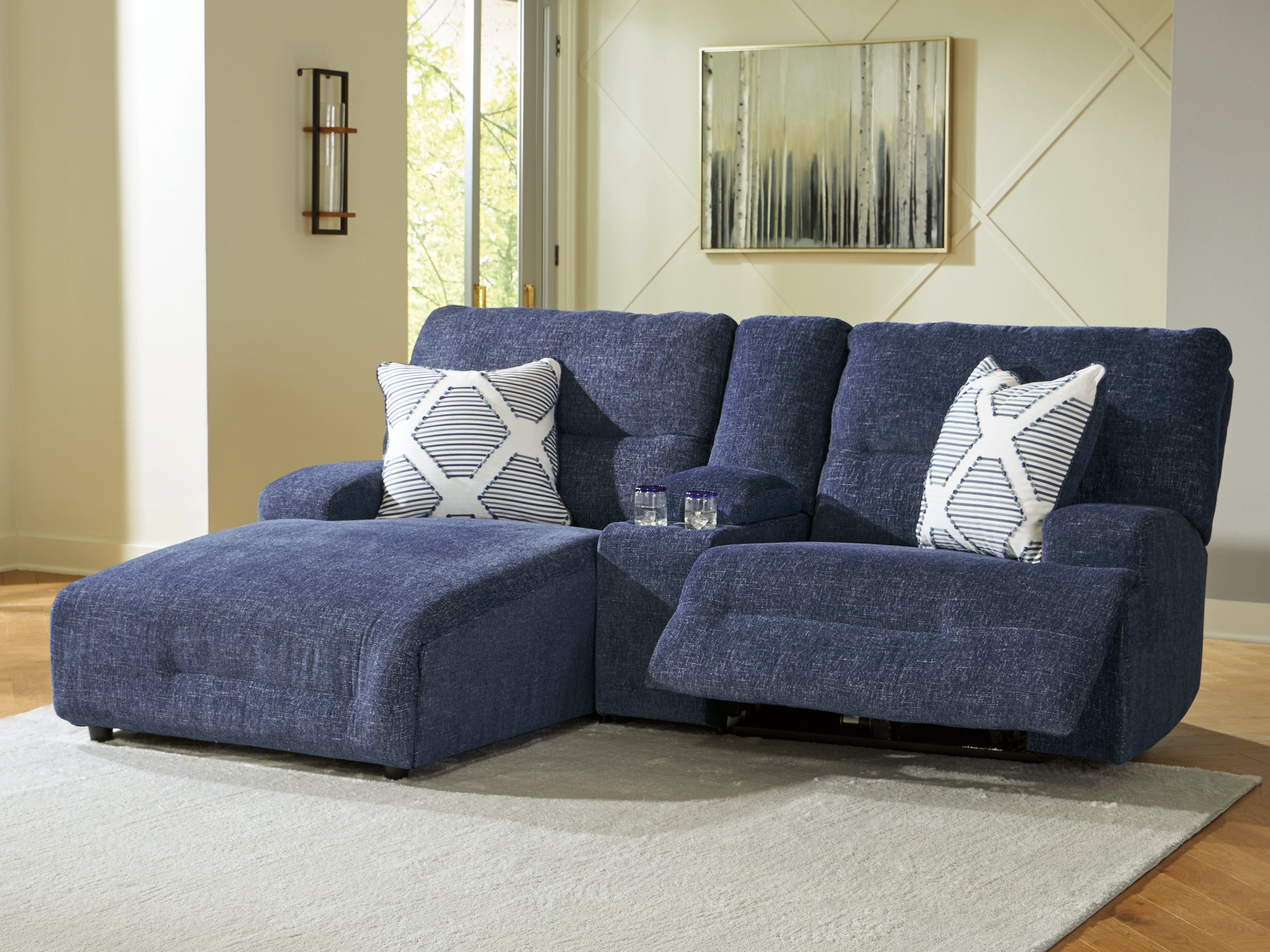 Warmstead Furniture - Ashley Furniture - Acklen Place Sectional - 3-Piece Power Reclining Sectional Sofa with Chaise / Navy - 93607S5