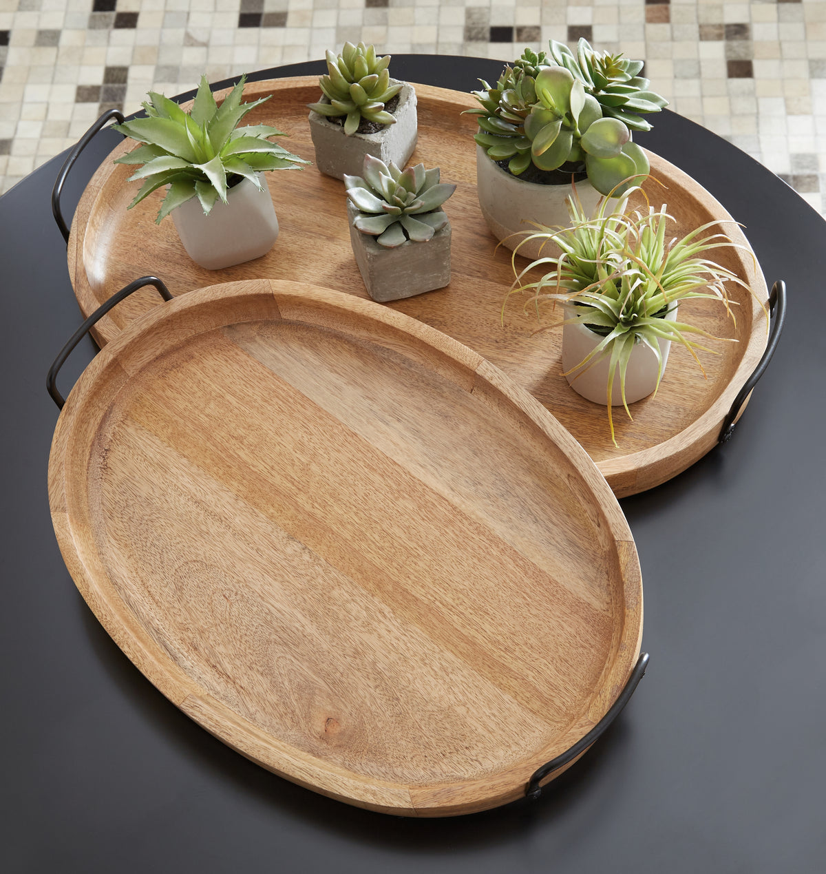 Warmstead Furniture - Ashley Furniture - Jocelyne Tray (Set of 2) - Tray Set (Set of 2) / Brown/Black - A2000455