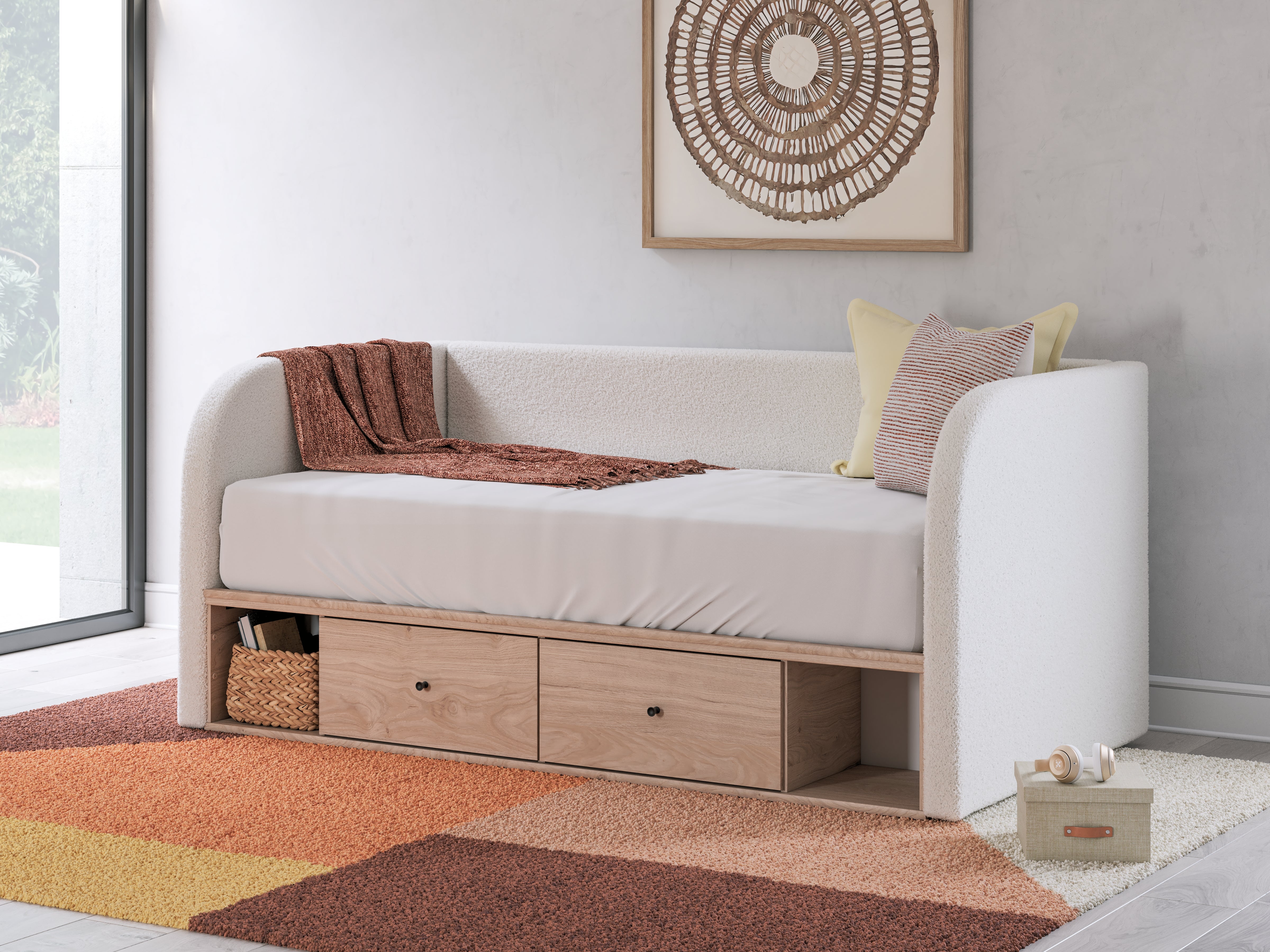 Warmstead Furniture - Ashley Furniture - Arloster Bedroom - Twin Upholstered Day Bed with Storage / Tan/White - PCB1566B9