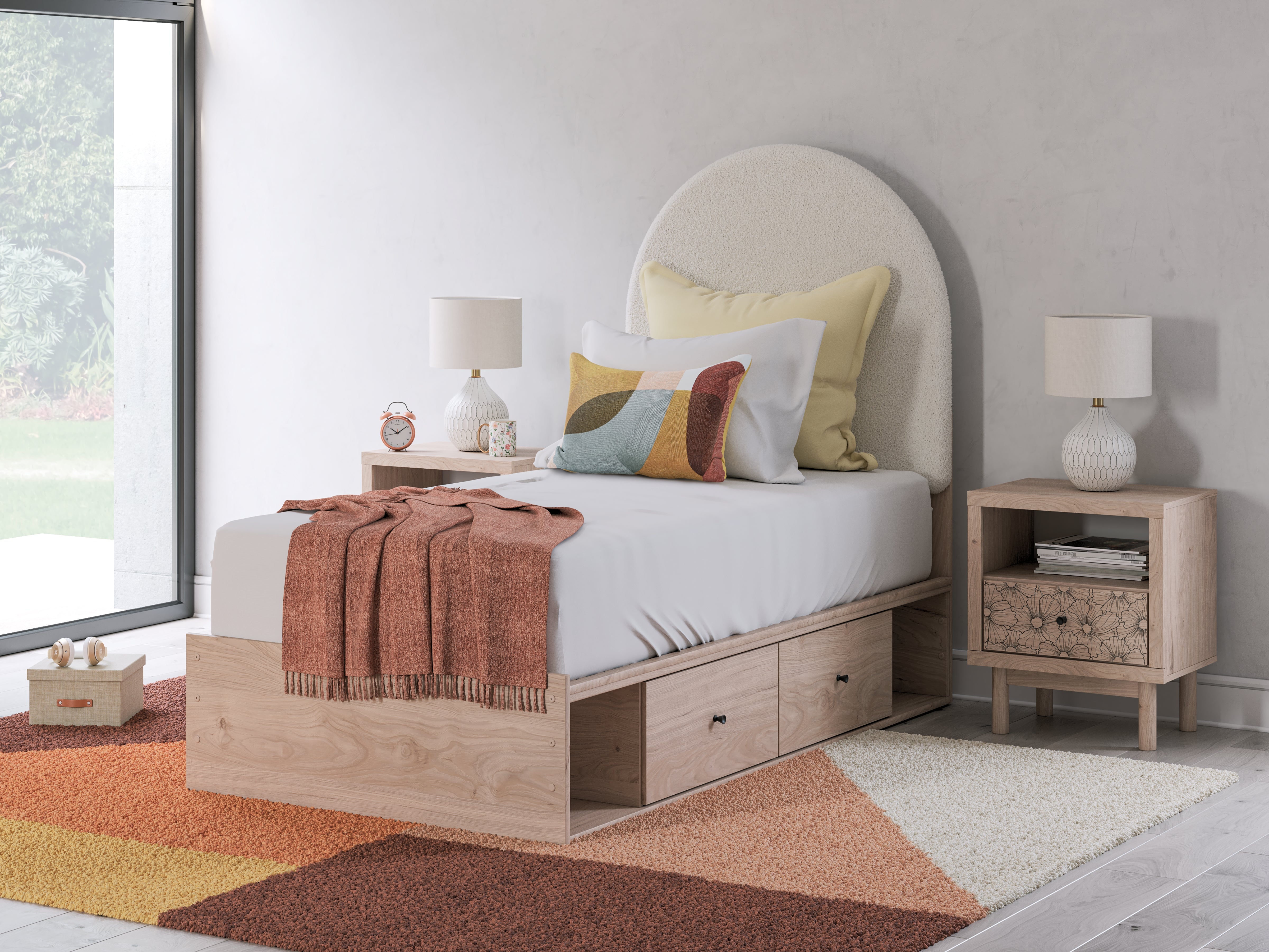 Warmstead Furniture - Ashley Furniture - Arloster Bedroom - Twin Upholstered Panel Bed with Storage / Tan/White - PCB1566B4