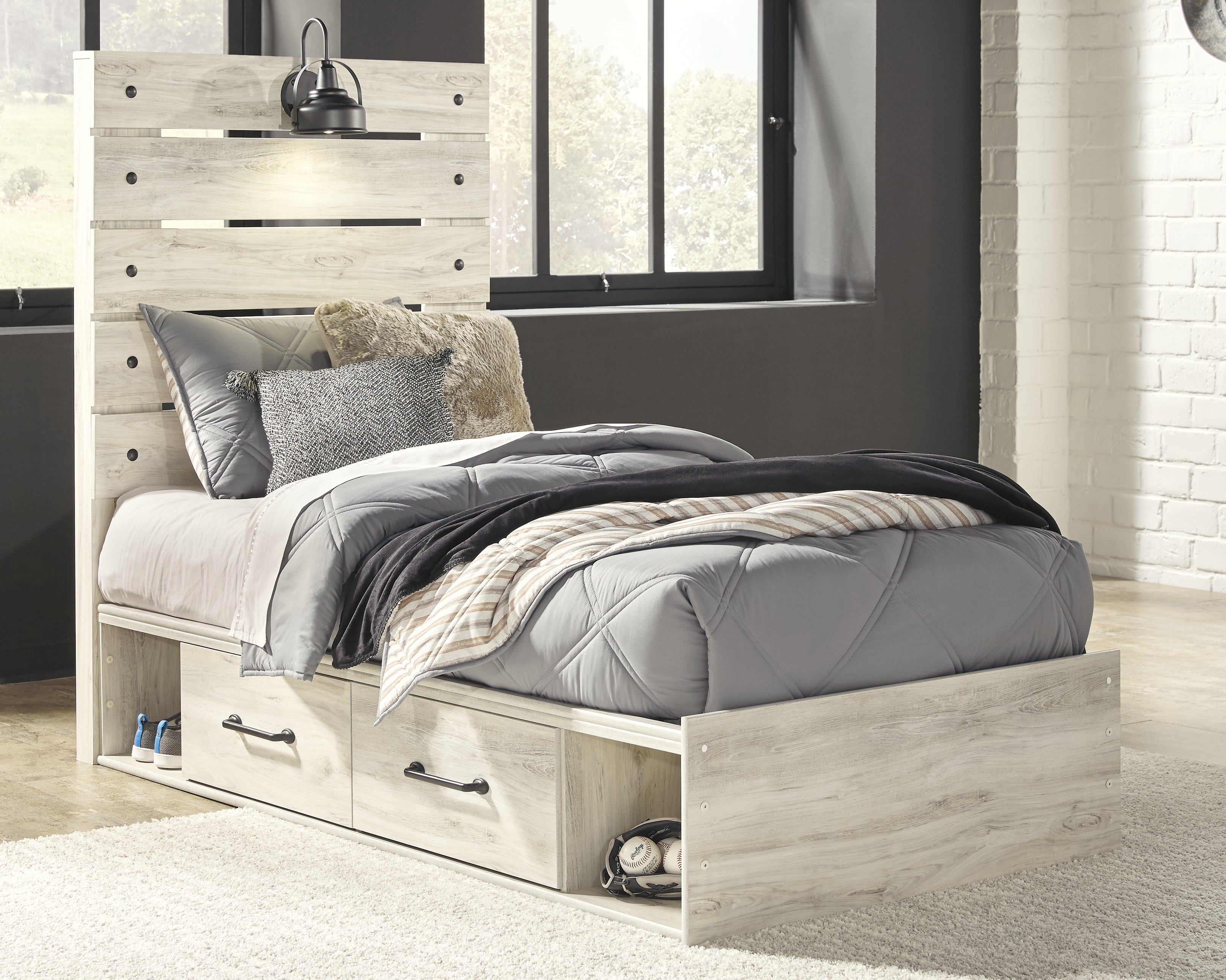 Warmstead Furniture - Ashley Furniture - Cambeck Bedroom - Twin Panel Bed with 4 Storage Drawers / Whitewash - B192B21