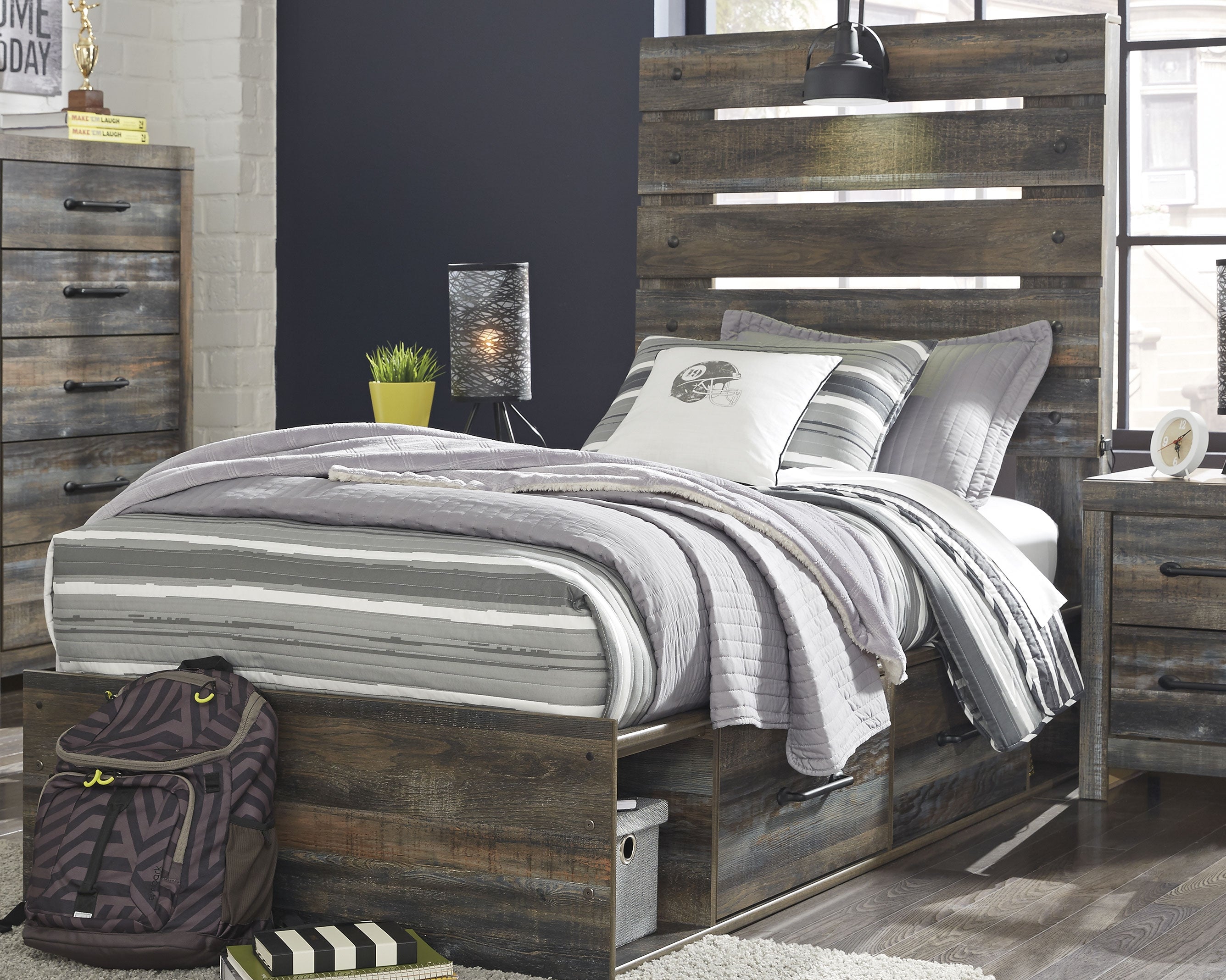 Warmstead Furniture - Ashley Furniture - Drystan Bedroom - Twin Panel Bed with 4 Storage Drawers / Multi - B211B11