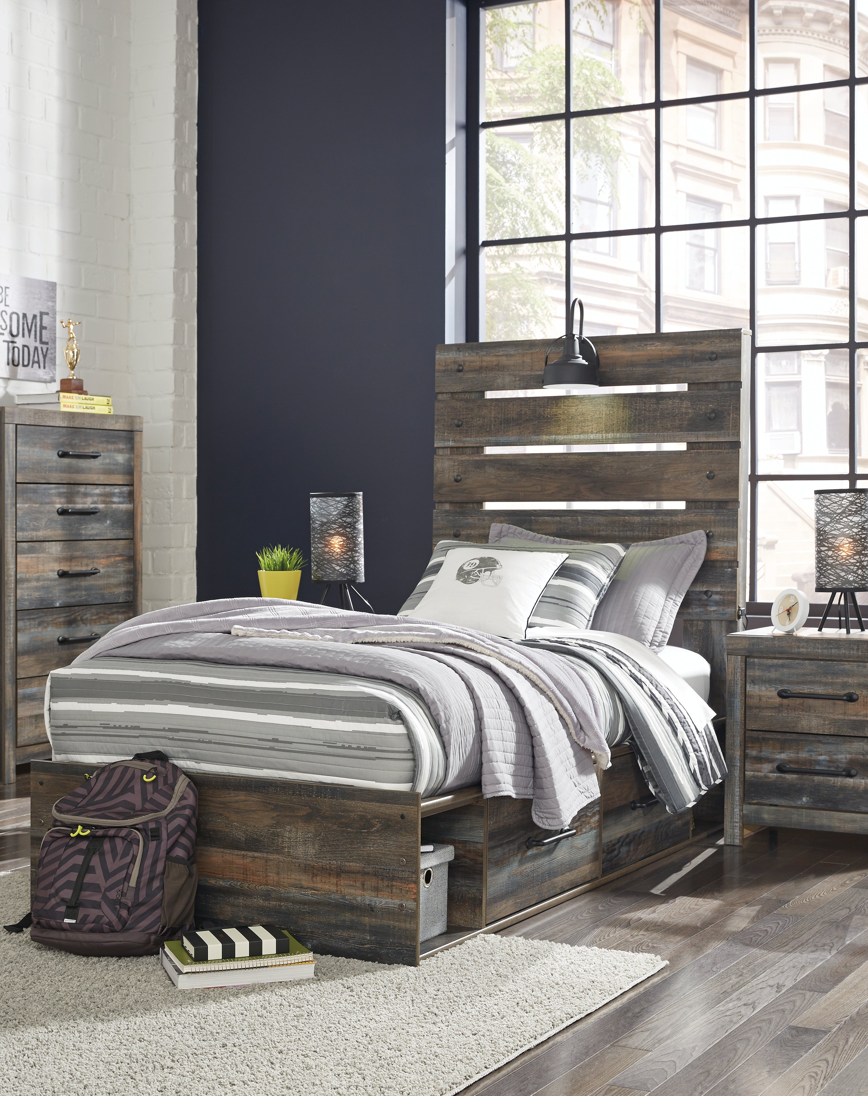 Warmstead Furniture - Ashley Furniture - Drystan Bedroom - Twin Panel Bed with 2 Storage Drawers / Multi - B211B8