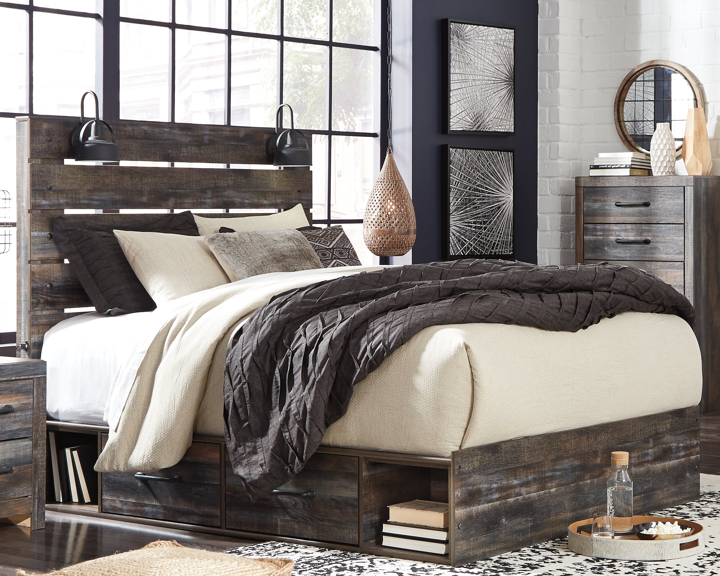 Warmstead Furniture - Ashley Furniture - Drystan Bedroom - Queen Panel Bed with 4 Storage Drawers / Multi - B211B13