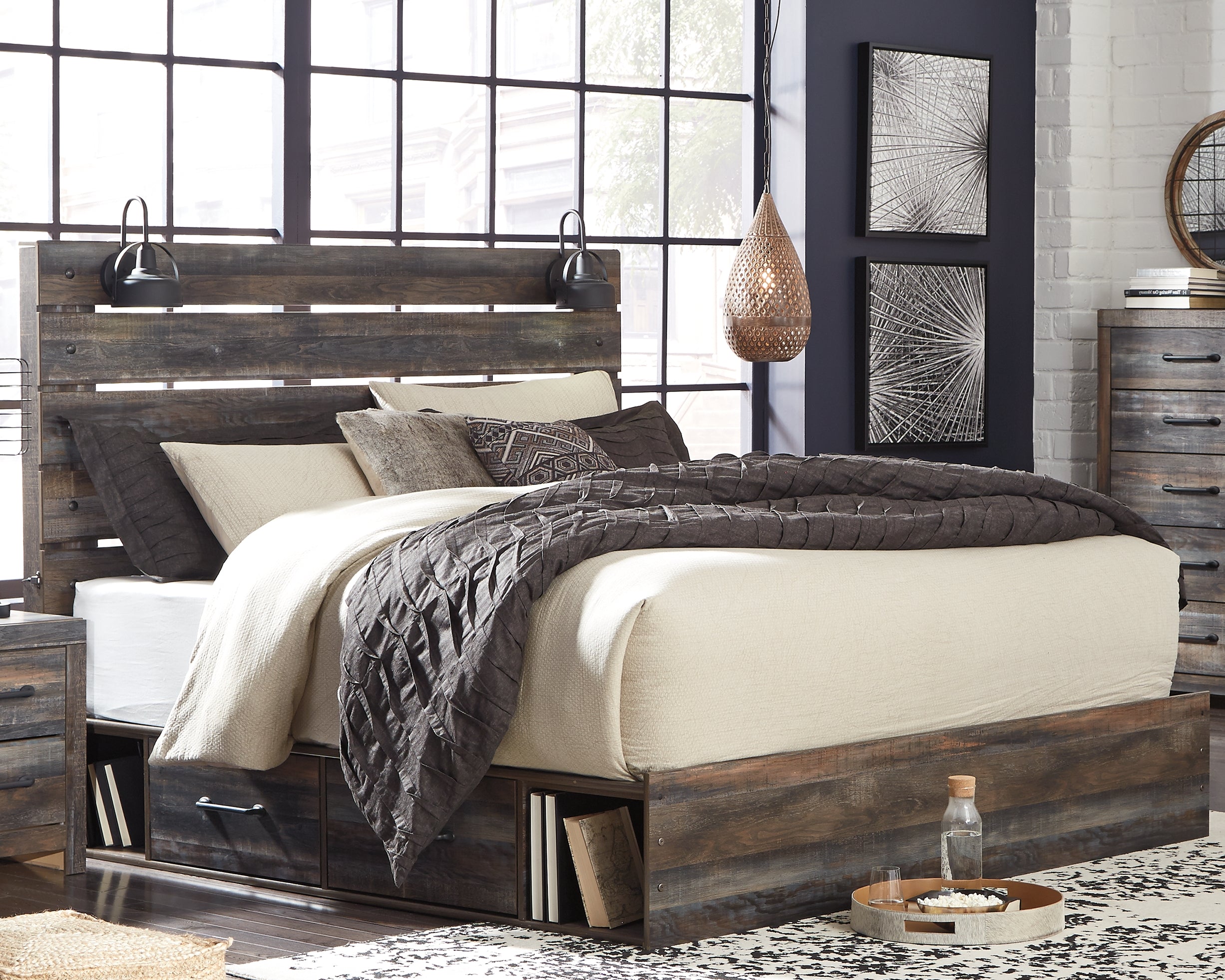 Warmstead Furniture - Ashley Furniture - Drystan Bedroom - King Panel Bed with 4 Storage Drawers / Multi - B211B54