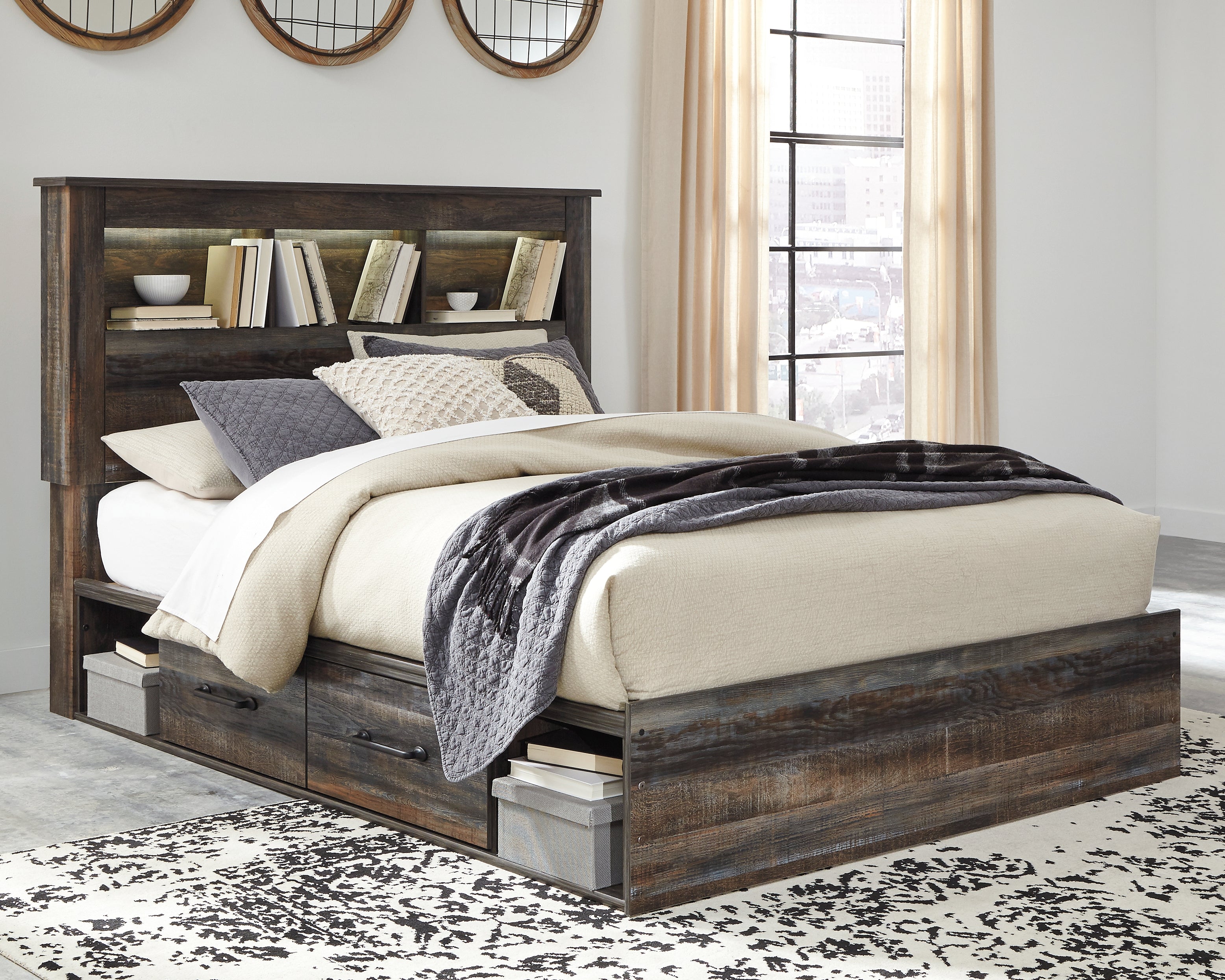 Warmstead Furniture - Ashley Furniture - Drystan Bedroom - Queen Bookcase Bed with 2 Storage Drawers / Multi - B211B17