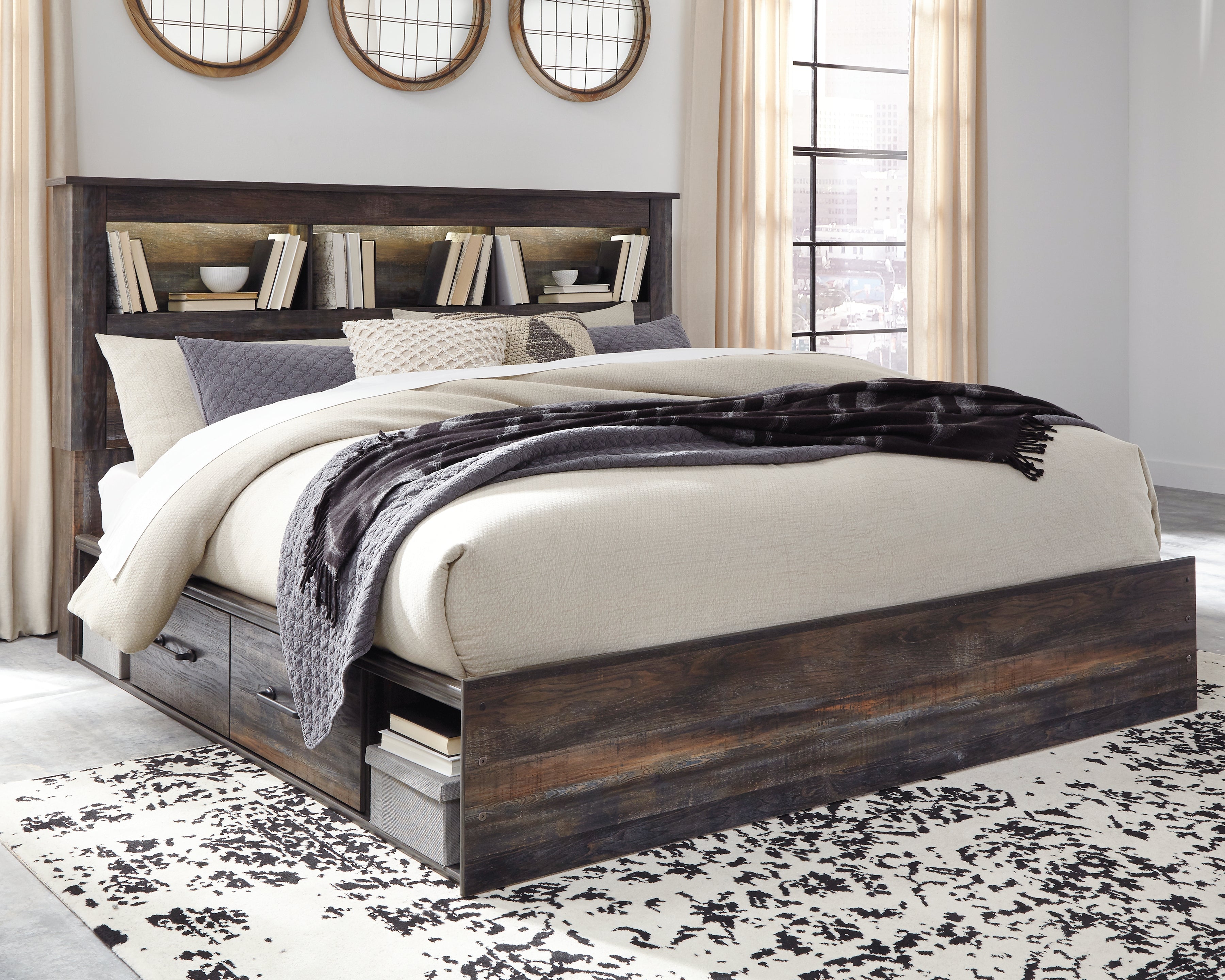 Warmstead Furniture - Ashley Furniture - Drystan Bedroom - King Bookcase Bed with 4 Storage Drawers / Multi - B211B52